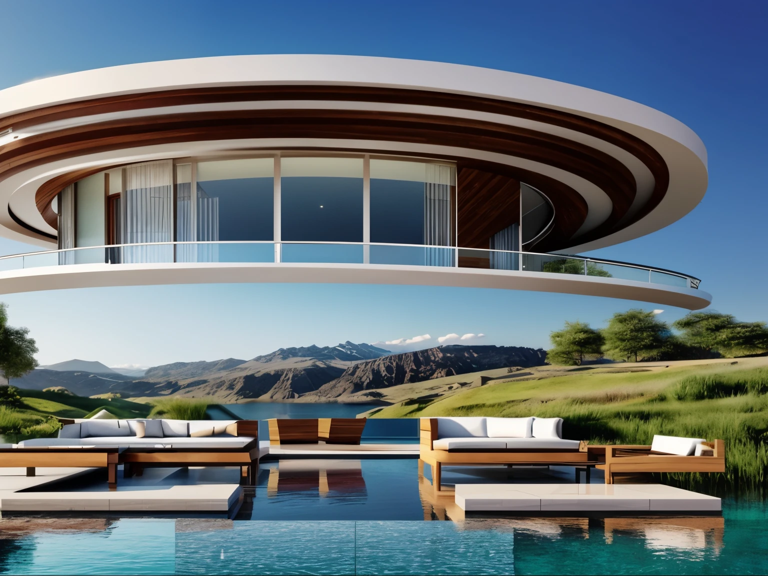 3D perspective of a circular 2-story house. with large glass walls. Stairs run outside. radius of one floor R=3m