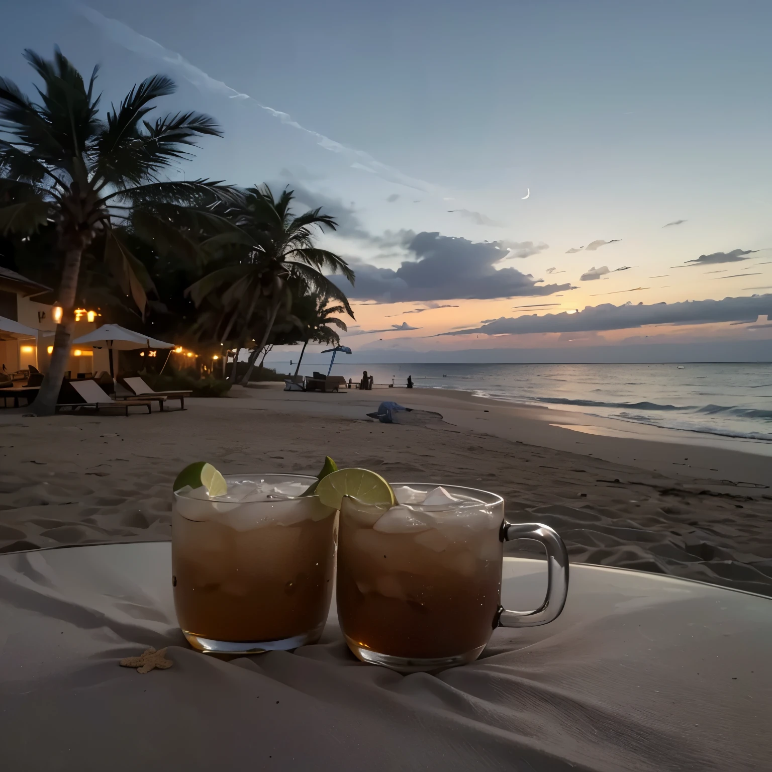 Dos vasos de bebidas sobre una mesa en la playa, Ron, el mar al fondo,por la noche, on the beach at atardecer, ambiente sereno por la noche, ambiente normal, Chiringuito, relaxing on the beach at atardecer, entorno de playa, atardecer on the beach, hermoso entorno, on the beach during atardecer, at atardecer, day setting, atardecer!