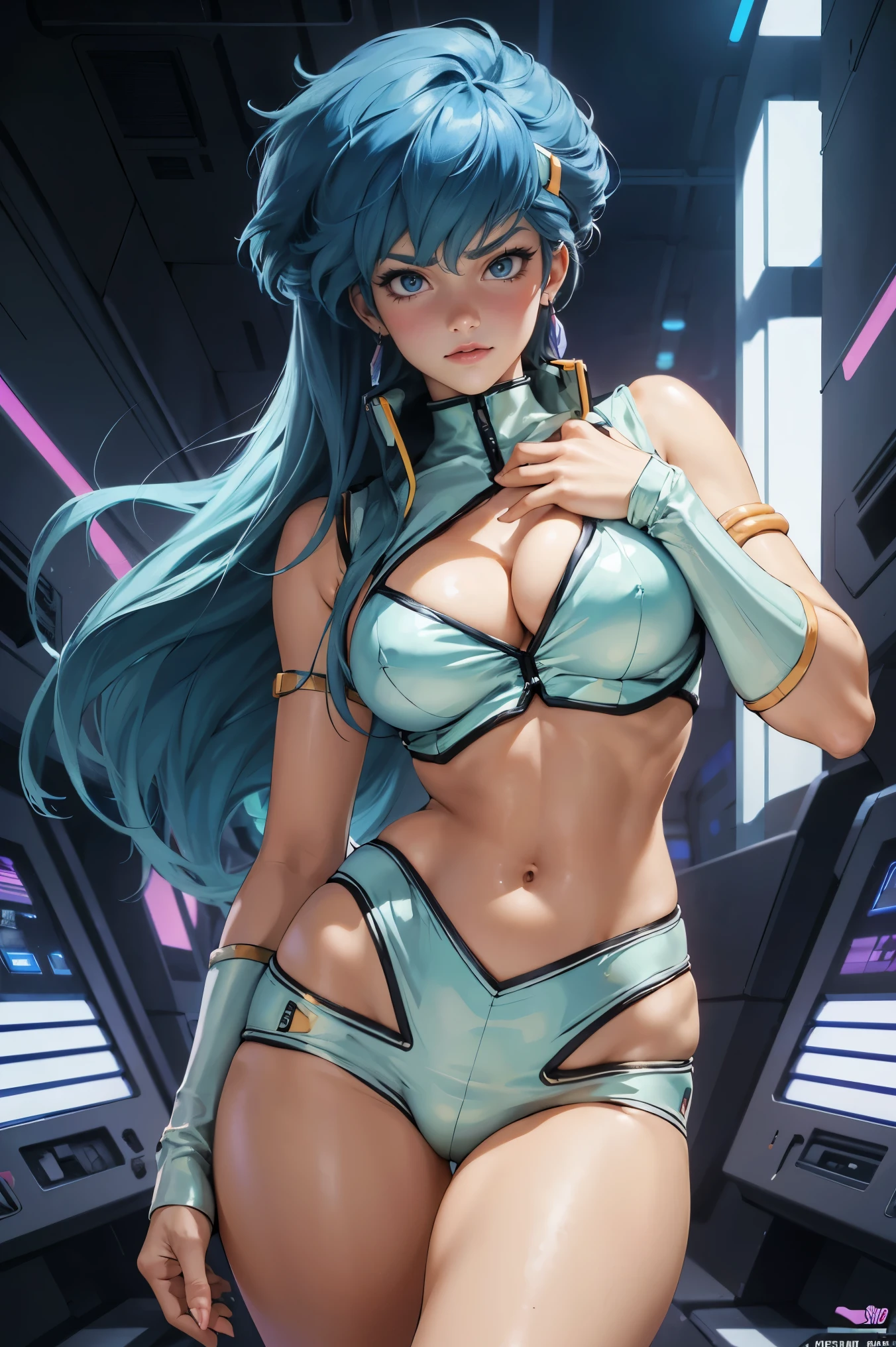 Yuri from The Dirty Pair, , wearing a tight outfit, light sage uniform, light blue uniform, skimpy, medium breast, (long hair), dark blue hair, long smooth hair,  beauty, cyberpunk city background, holding retro space-gun, cleavage, slim waist, slim thighs, thigh gap, (light yellow uniform), show belly