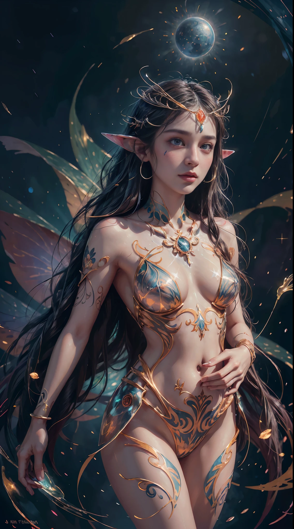 A girl is wearing a delicate metal headdress adorned with gemstones, with flower tattoos, colorful hair, and a set of sparkling and exquisite patterns. Her hands spread open, revealing her delicate features, beautiful and delicate eyes, the Eye of the Universe, alone (best quality, ultra fine, best illustrations, best shadows, masterpieces, high-resolution, professional artwork, famous artwork: 1.2). Surrealism, magic and technological light, flowing sparkling liquids, rapidly moving beams of light, time stretching particle behavior, fantasy background, technological background, fantasy, celestial bodies, conceptual art, radiation, caustics, diffraction, epic composition images, particles following the lines of the scene. Flight, best color quality, high-resolution masterpiece, best quality, ultimate details, illustrations, ultra-high definition, ultra details, 8k
