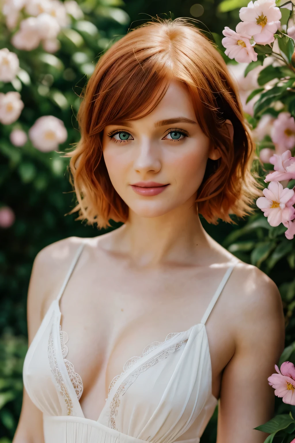 Masterpiece, european woman, (Bryce Dallas Howard: 0.5), 20 years, young, short hair, vivid orange hair, shy, cute, playful smile, high detail face, high detail skin, delicate colorful dress, (high detail eyes:1.3), (small breasts:1.2), (strong athletic body), garden wiith colorful flowers background, (UHD, 8K wallpaper, High resolution), Cinematic lighting, award-winning, extremely white detailed skin, extra detailed face, high detail eyes, photo-realistic, Zeiss 85 mm F/1.4, by Ellen von Unwerth
