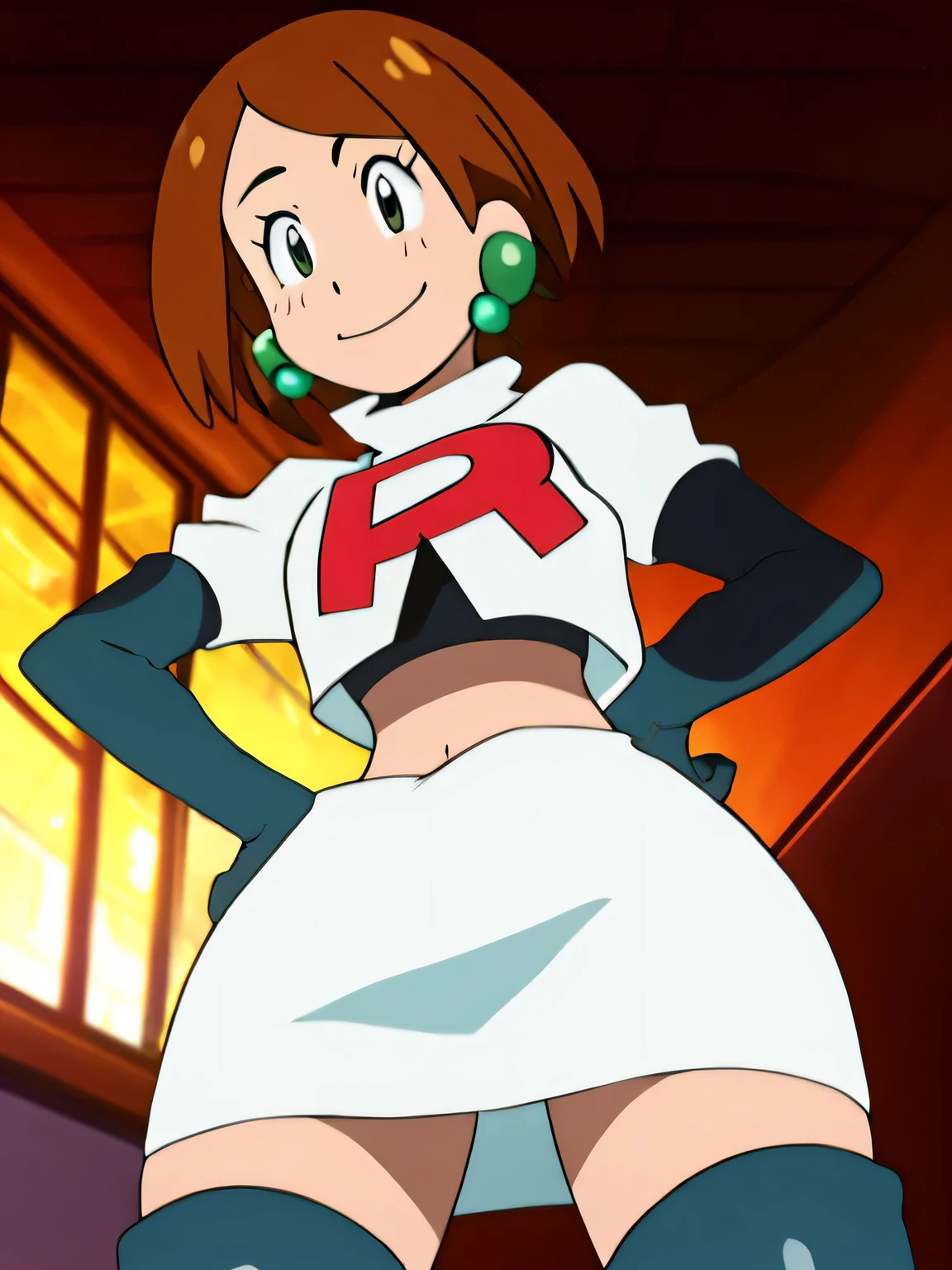 8k, masterpiece,highres, team rocket uniform, red letter r, white skirt,white crop top,black thigh-high boots, black elbow gloves, smiling, looking down at viewer, hands on hips, cowboy shot, zettai ryouiki,from below, black panties,anime style, vivid colors, sharp focus, intense lighting,ochaco_uraraka, glossy lips, earings
