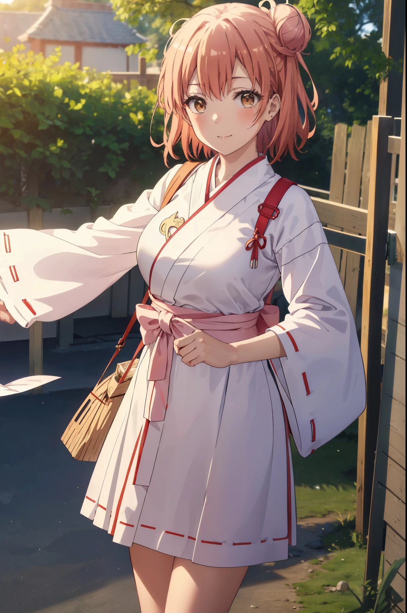 yuiyuigahama, yui yuigahama, short hair, (brown eyes:1.5), (pink hair:1.2), bun hair, happy smile, smile, 口を開けるsingle bun hair, smile, (big breasts:1.2),Platycodon,Miko, white kimono, kimono,red hakama,white foot bag,Zori sandals, same as skirt, wide sleeve, long sleeve, ribbon trim sleeves,  noon,Light of the sun,Clear skies,
looking at the viewer, Are standing, 
break outdoors, shrine,鳥居
break looking at viewer, (cowboy shot:1.5),
break (masterpiece:1.2), highest quality, High resolution, unity 8k wallpaper, (figure:0.8), (detailed and beautiful eyes:1.6), highly detailed face, perfect lighting, Very detailed CG, (perfect hands, perfect anatomy),