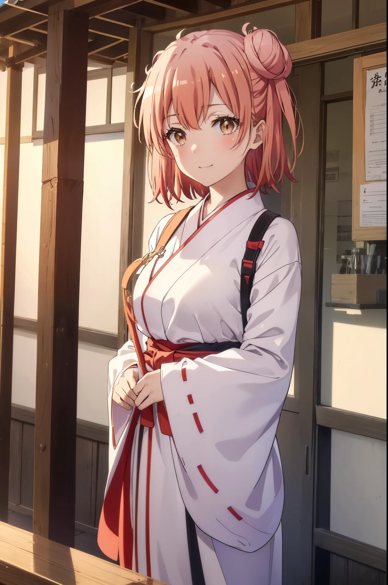 yuiyuigahama, yui yuigahama, short hair, (brown eyes:1.5), (pink hair:1.2), bun hair, happy smile, smile, 口を開けるsingle bun hair, smile, (big breasts:1.2),Platycodon,Miko, white kimono, kimono,red hakama,white foot bag,Zori sandals, same as skirt, wide sleeve, long sleeve, ribbon trim sleeves,  noon,Light of the sun,Clear skies,
looking at the viewer, Are standing, 
break outdoors, shrine,鳥居
break looking at viewer, (cowboy shot:1.5),
break (masterpiece:1.2), highest quality, High resolution, unity 8k wallpaper, (figure:0.8), (detailed and beautiful eyes:1.6), highly detailed face, perfect lighting, Very detailed CG, (perfect hands, perfect anatomy),