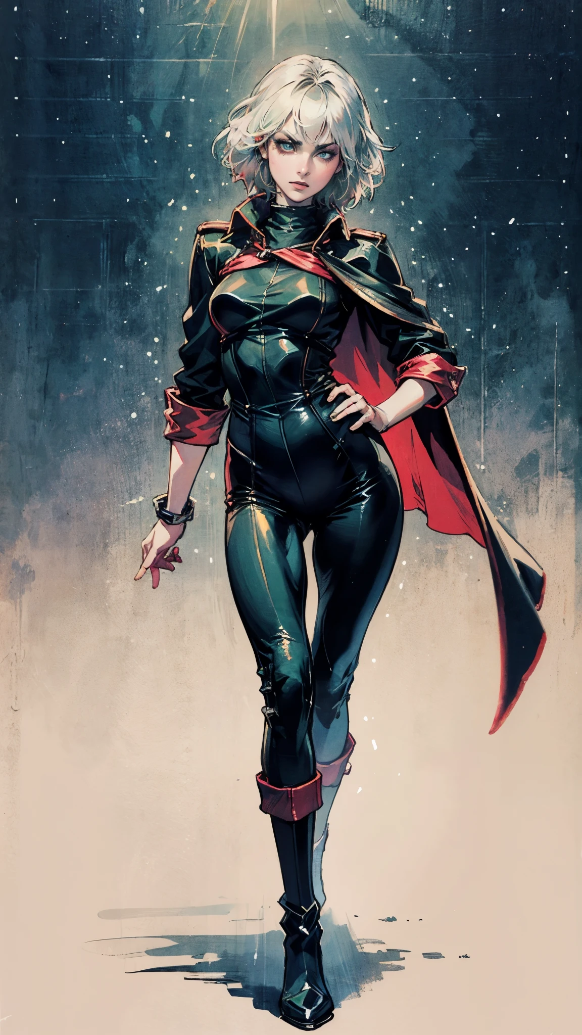 A woman with long platinum blonde hair, choppy bangs, arched crescent eyebrows, sharp and determined eyes, a delicate oval face, a serious expression, a fantasy-style dark green military coat, draped with a dark red cloak, military trousers, leather combat boots, silver greaves leggings, one hand on her hip, standing in a spacious training ground, this character embodies a finely crafted fantasy-style female military officer in anime style, exquisite and mature manga art style, pale skin, high definition, best quality, highres, ultra-detailed, ultra-fine painting, extremely delicate, professional, perfect body proportions, golden ratio, anatomically correct, symmetrical face, extremely detailed eyes and face, high quality eyes, creativity, RAW photo, UHD, 32k, Natural light, cinematic lighting, masterpiece-anatomy-perfect, masterpiece:1.5