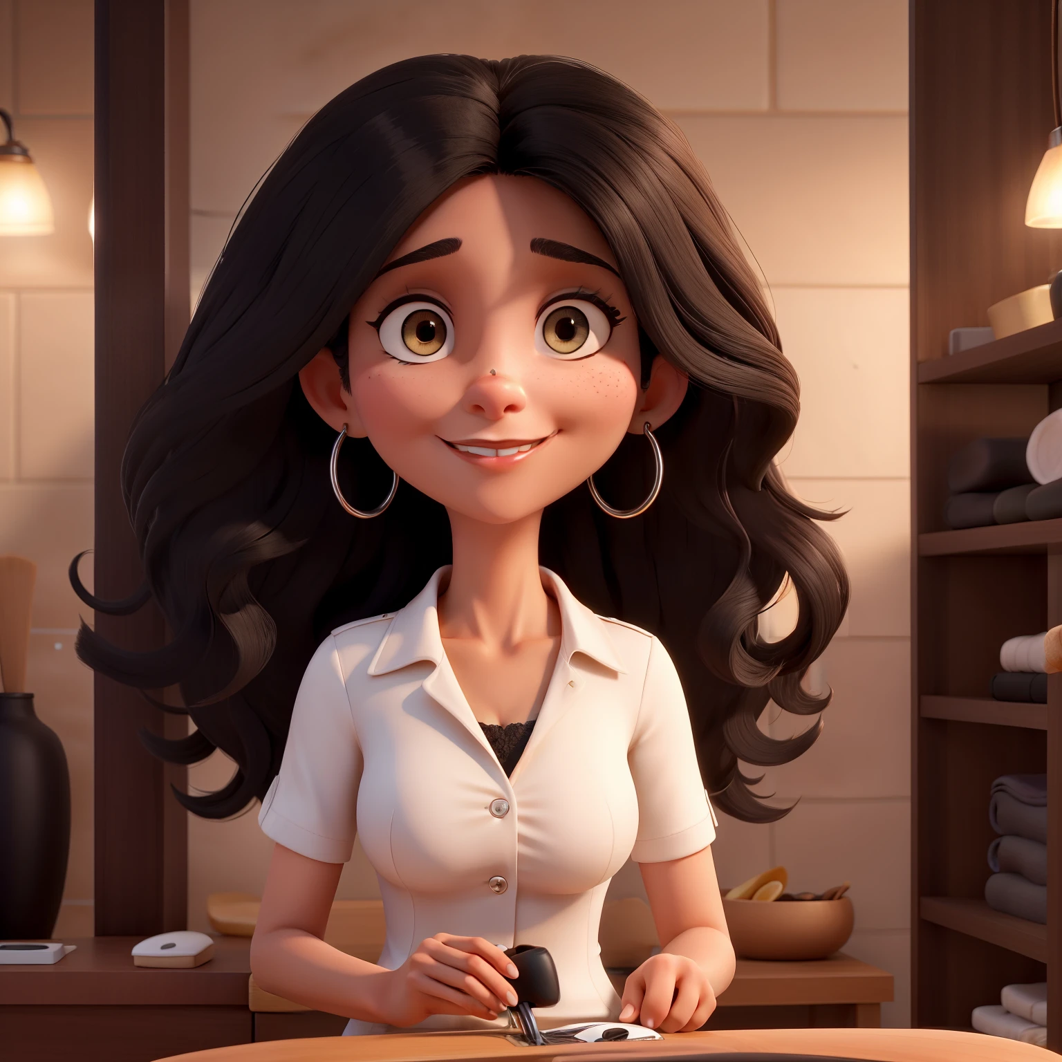 33 year old woman ,cabello largo, cabello ????? , ojos cafes , uniforme ????? ,eyelash tweezers ,plancha de cabello el fondo una camilla en un spa