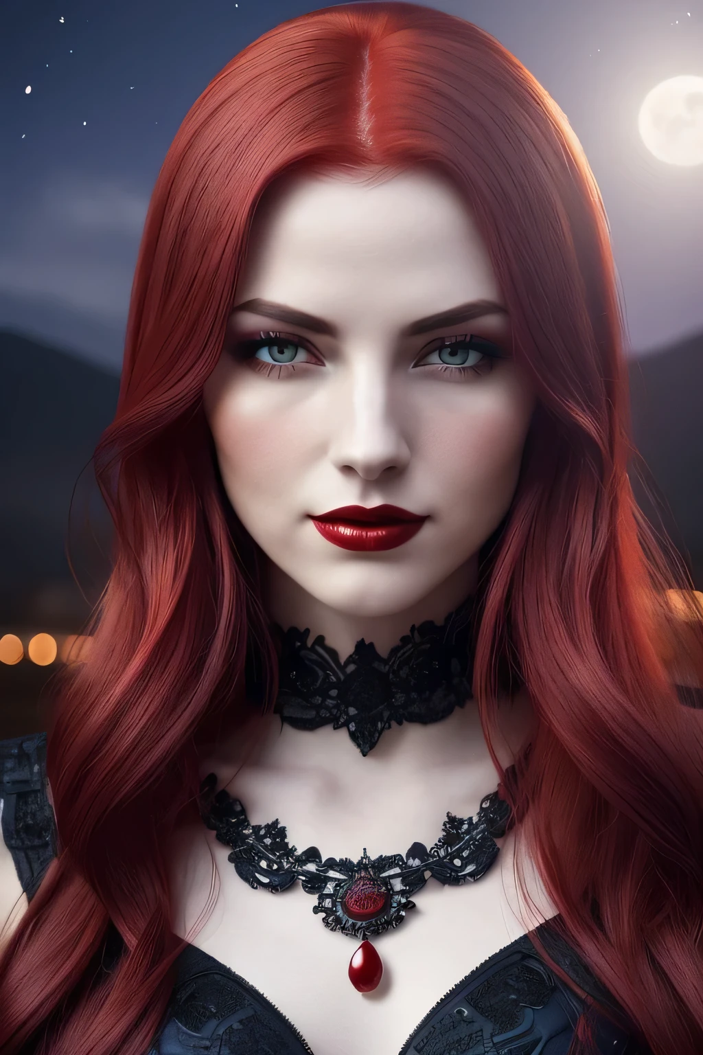 (portrait shot, ((vivid red hair)), mature woman, 30 years old, diamond face, moonlight, red starry sky background, depth of field, magic, big red lips, ((dark black eyes)) black and red long and full dress, covered chest, mystical atmosphere, ominous shadows, Intense blue aura, Intense red aura (best quality:1.2), absurdres, intricate details, (highly detailed skin:1.2), smile expression, posing, taut and well defined body, attractive. Highly realistic, pale skin, beautiful, hyperrealism, skin very elaborated, direct gaze