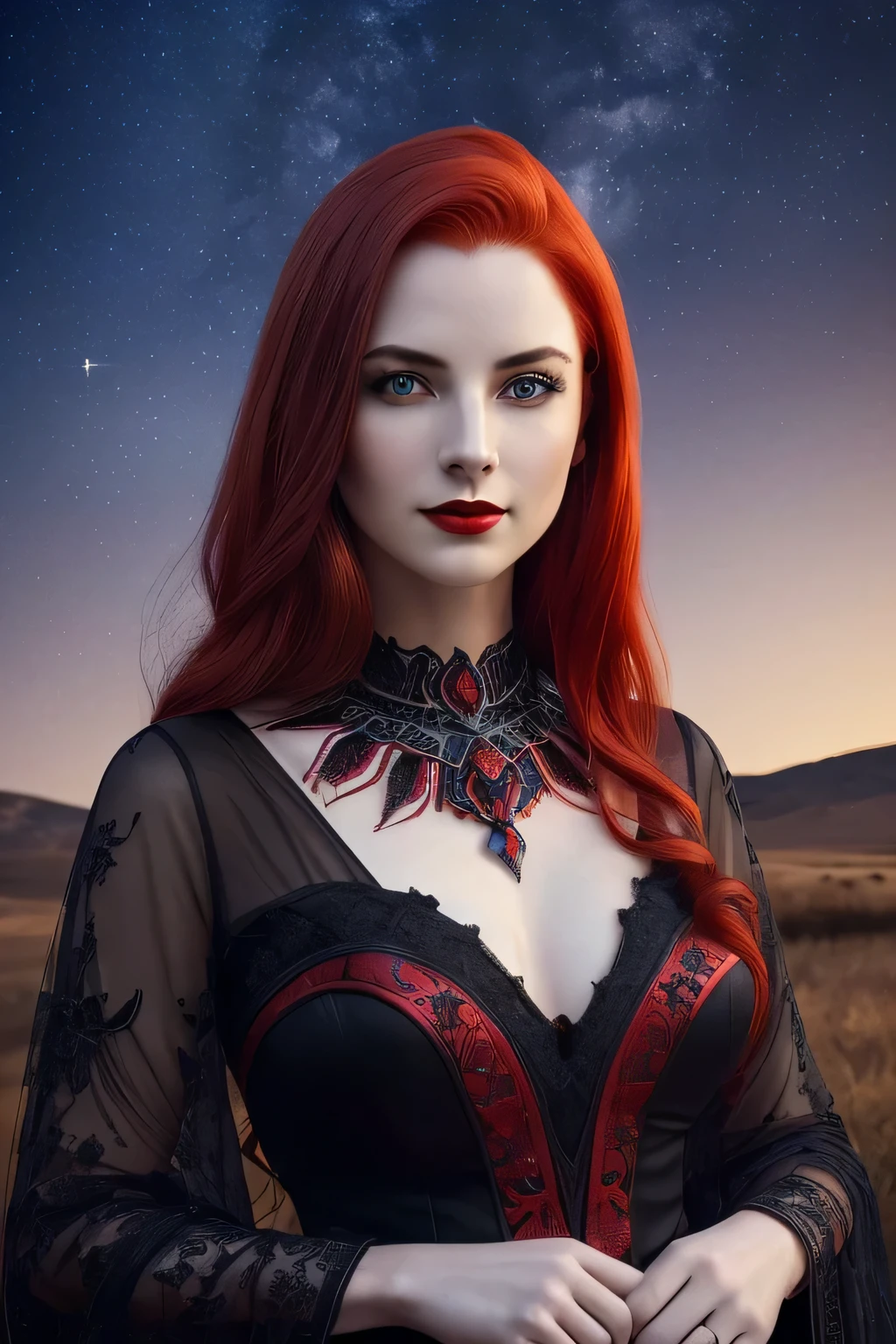 (portrait shot, ((vivid red hair)), mature woman, 30 years old, diamond face, moonlight, red starry sky background, depth of field, magic, big red lips, ((dark black eyes)) black and red long and full dress, covered chest, mystical atmosphere, ominous shadows, Intense blue aura, Intense red aura (best quality:1.2), absurdres, intricate details, (highly detailed skin:1.2), smile expression, posing, taut and well defined body, attractive. Highly realistic, pale skin, beautiful, hyperrealism, skin very elaborated, direct gaze
