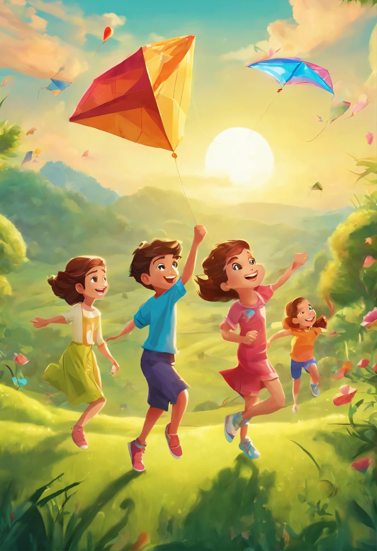 (high quality,4K,8K,high resolution,masterpiece:1.2),Super detailed,(actual,photoactual,photo-actual:1.37),professional, bright colors, Bokeh, Vibrant sunshine, four happy children, Run happily, fly a kite, Colorful kites, outdoor, character illustration, landscape illustration,medium distance lens,Close-up of grass,The characters are in the distance