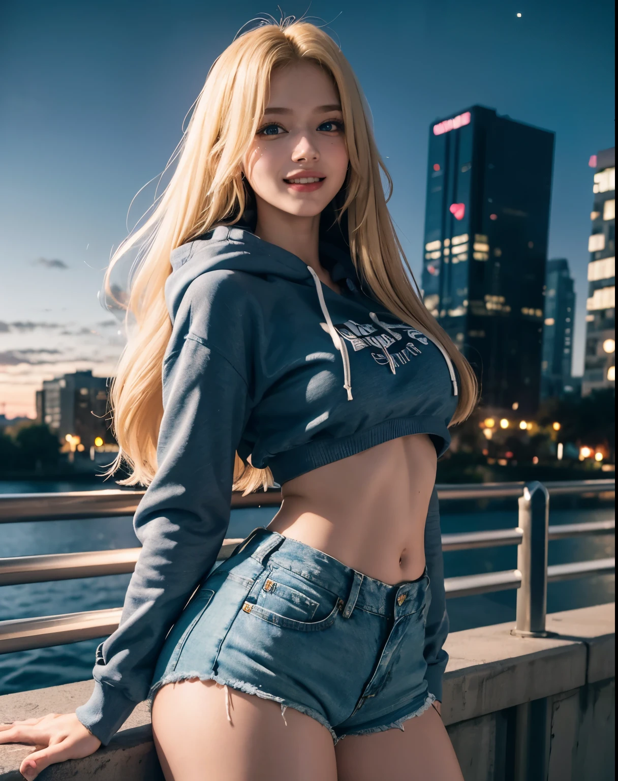 1girl, (Blue Eyes), (smiling :1.2), (Sana Minatozaki), wide hips, Big tits, big ass, (Best Quality, 8k, Masterpiece: 1.3), Clear Focus: 1.2, Perfect Body Beauty: 1.4, Highly detailed face and skin texture, detailed eyes, double eyelids, (blond long straight hair :1.2), (black long hoodie), (denim shorts), standing, dynamic pose, in a park at night , buildings at night in the background, deep on field