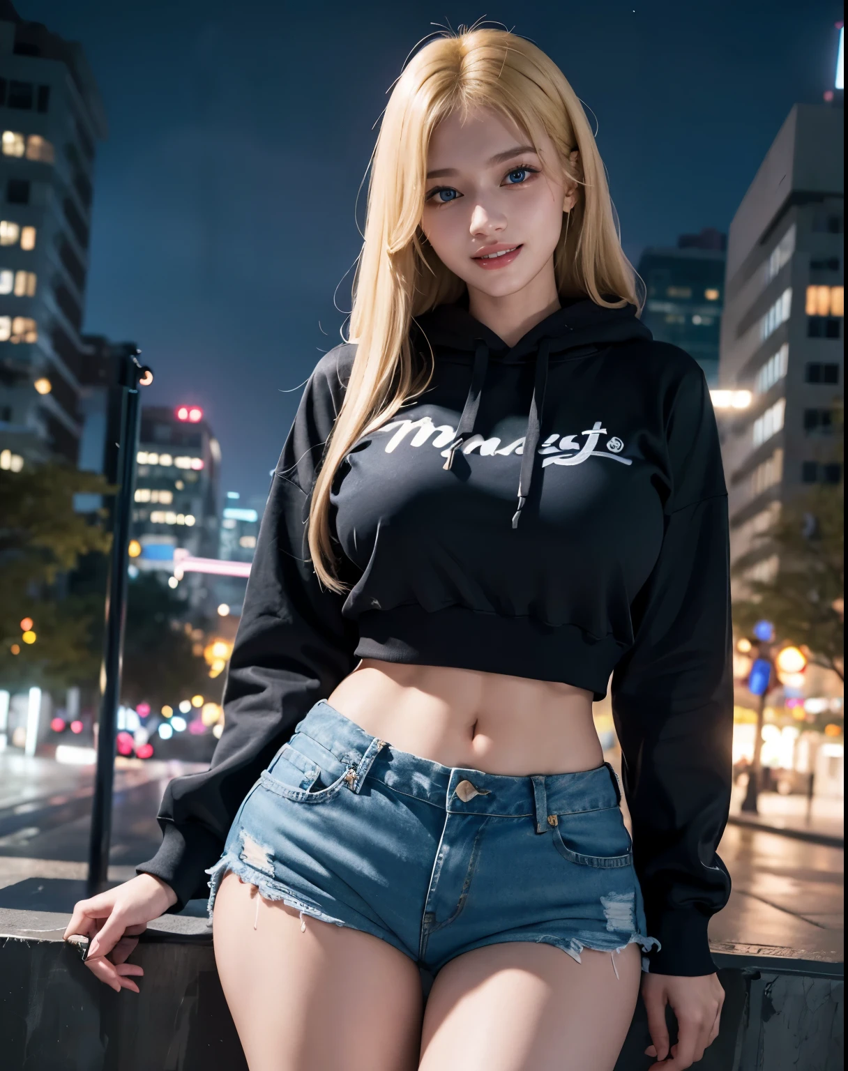 1girl, (Blue Eyes), (smiling :1.2), (Sana Minatozaki), wide hips, Big tits, big ass, (Best Quality, 8k, Masterpiece: 1.3), Clear Focus: 1.2, Perfect Body Beauty: 1.4, Highly detailed face and skin texture, detailed eyes, double eyelids, (blond long straight hair :1.2), (black long hoodie), (denim shorts), standing, dynamic pose, in a park at night , buildings at night in the background, deep on field