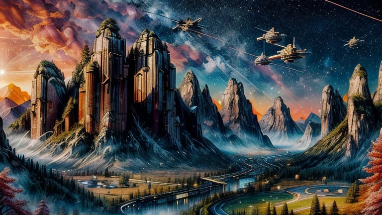 Panopticon maze Spacecity: Masterpiece, Illustration, best quality, a cute (Space station:1.2) in the middle of green valley, mountain with waterfall in the background, ((Millennium Falcon fly in the sky)) , (red lightning), golden hour  lighting, intricate details, 8k, hdr, full sharp,