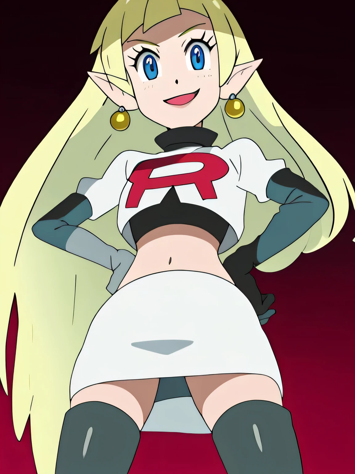 8k, masterpiece,highres, team rocket uniform, red letter r, white skirt,white crop top,black thigh-high boots, black elbow gloves, smiling, looking down at viewer, hands on hips, cowboy shot, zettai ryouiki,from below, black panties,anime style, vivid colors, sharp focus, intense lighting,toon zelda, 1girl, solo, long hair, smile, blonde hair, blue eyes ,gloves, jewelry, pointy ears, glossy lips, earings
