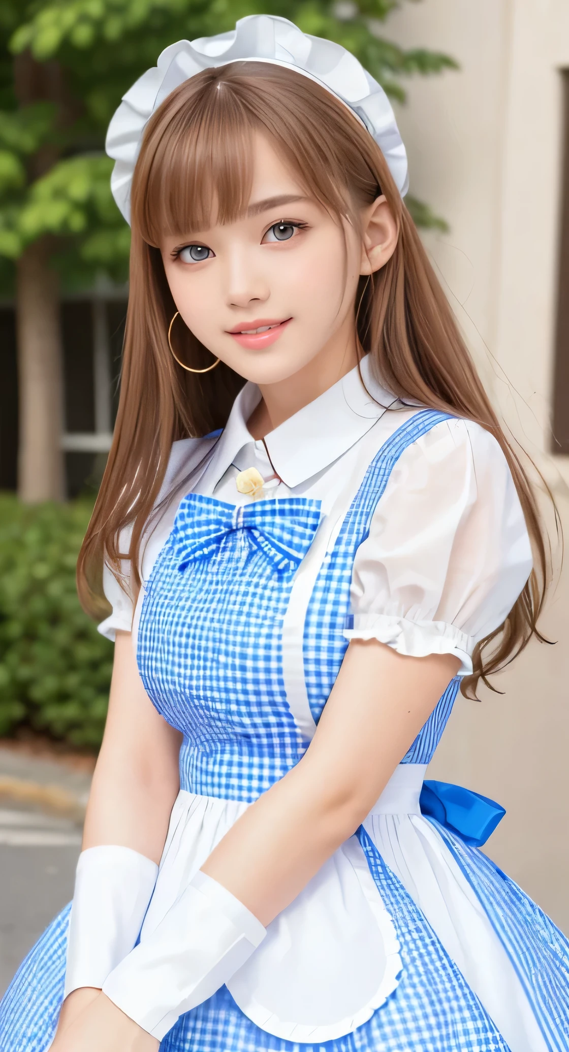 Angelic very beautiful cute young girl,
Beautiful detailed eyes,
Detailed double eyelids,
(Soft Saturation: 1.3),
(Fair skin: 1.3),v-line jaw,
(Large eyes:1.4),
Long straight brown hair,
see-through bangs,(17 yo:1.3),
Sharp Focus,
beautiful detailed face and eyes,
drooping eyes,
small straight nose,
small mouth,
happy smiling with visible teeth, 85mm lens, F/8.0,BREAK (Super shiny white and metallic blue gingham maid costume :1.3),Walking,Brown hair ,(Costumes with strong reflective surfaces:1.4),
(Best Quality:1.2),(ginghham Maid costume:1.5),
Raw photo,
High resolution,
perfect detail,
Professional Photography,
Professional Lighting,
Powerful lighting of the costume,In the street