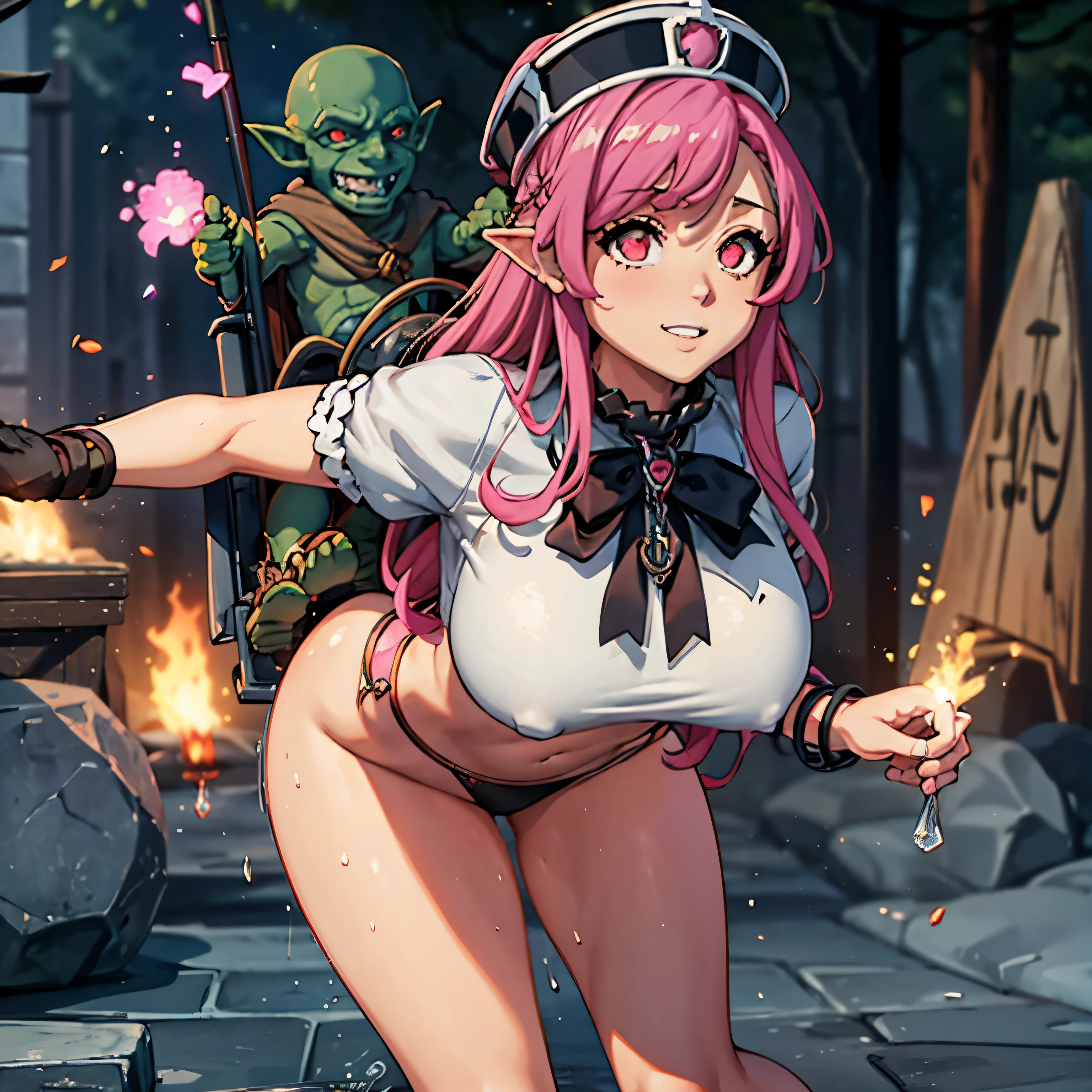 masterpiece, goblinriding, a goblin is riding a girl, goblin, mutiple goblins, goblins, (all fours), 1girl, (military uniform:1.1), (nose hook), reins, collar, chain, rope, obey, happy trance, smile, heart eyes, hair ornaments, expressionless, emotionless, blank eyes, empty eyes, mind control, sMcallon_NDV, 1girl, pink hair, large breasts, long hair, red eyes,