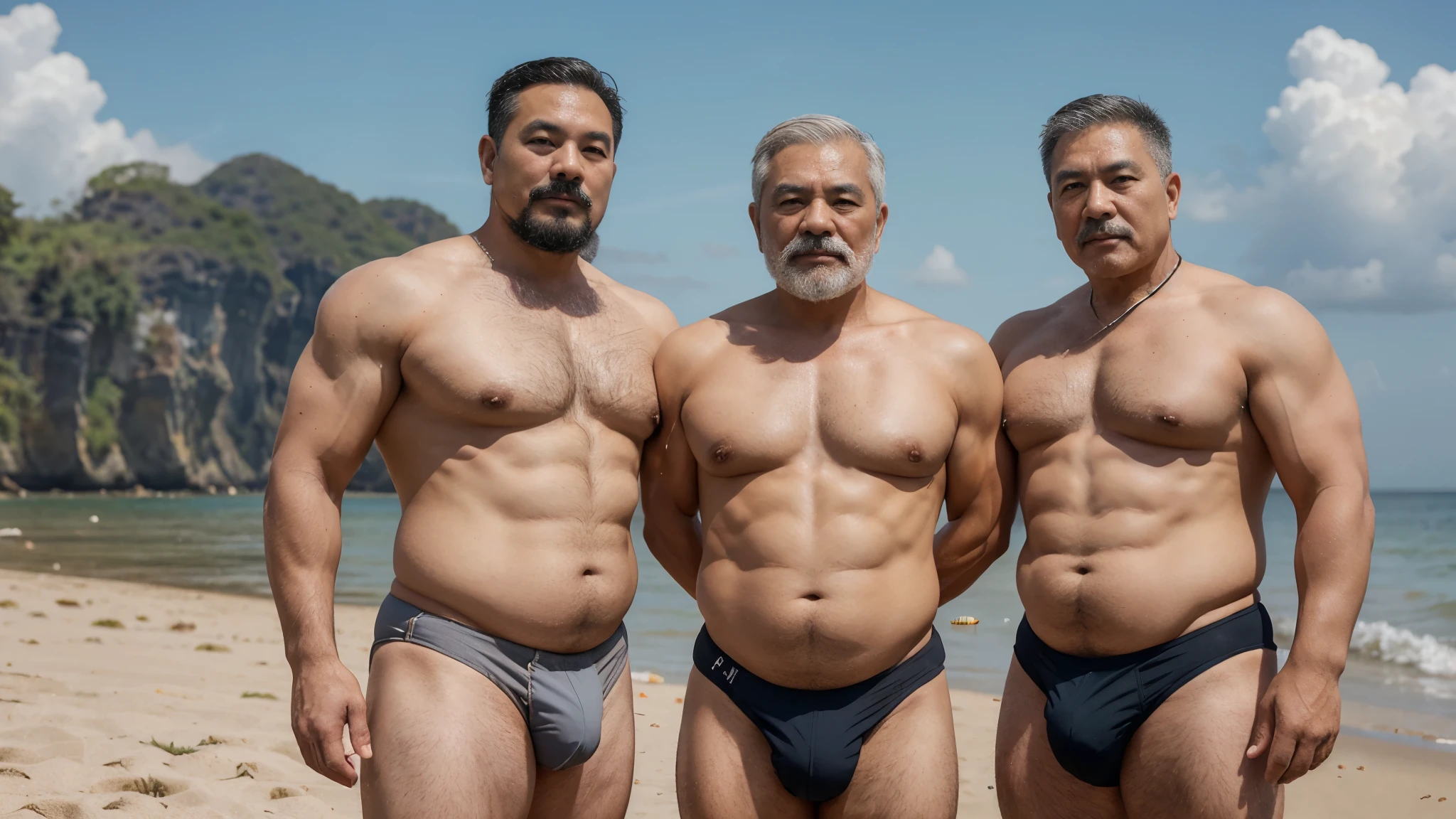 2 vietnamese grandfathers with gray hair, mature face, a thick mustache, a short chin beard, bear body, wearing a massive bulging gray jockstraps standing at the beach, have belly, big muscular chest, a sexy pose.
