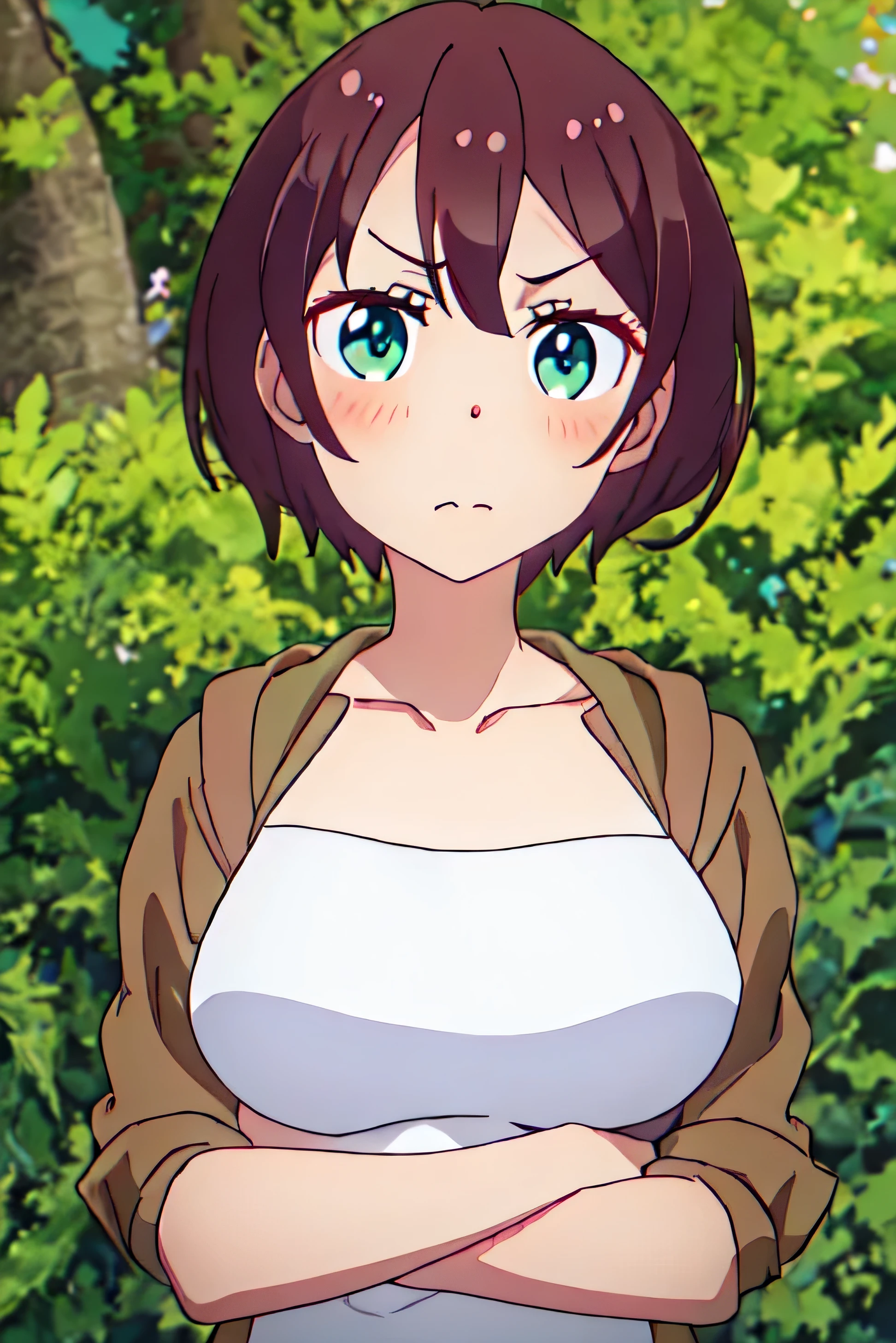 best quality, masterpiece, highres, solo, {shinoda_hajime_newgame:1.15}, brown_hair, short_hair, green_eyes, blush, collarbone, serious, big_forehead, 1girl, anime_coloring, closed_mouth, hair_between_eyes, bangs, looking_at_viewer, blurry, outdoors, middle body