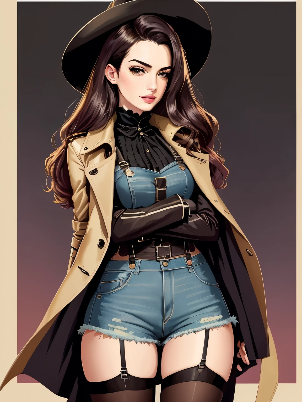 WPAP style, Beautiful Anne Hathaway portrait, Color coordination，Geometric wall PORTRAIT, alone,gothic style，milf，Wear a large trench coat，（French vintage corset、Denim shorts、Black suspenders、Cowboy hat） , chibi, yang08k,, dyeing, Main works, better quality, better quality, official art, Beautiful and beautiful, 512K