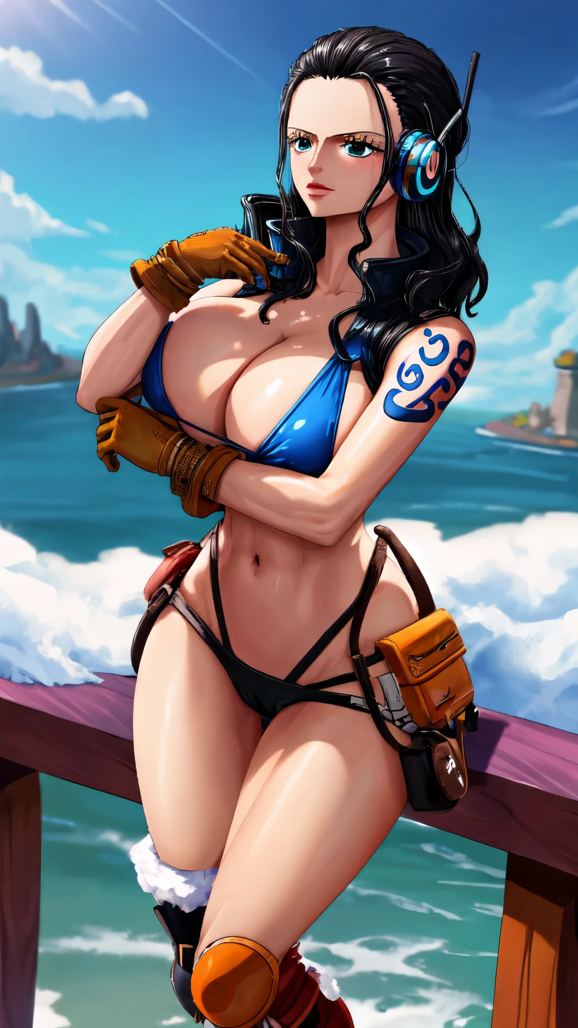 Nico Robin, Egghead island, best quality, afterglow, 4k, ((masterpiece)), extremely detailed, 8k, trending on ArtStation, Intricate, High Detail, Sharp focus,  eghdcl 1girl, solo, outdoors, snowy, headphones, gloves, underwear, bikini, high collar, big breast, thicc thighs 