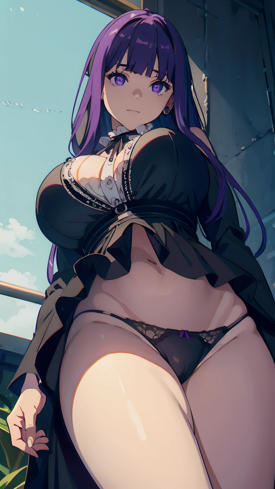 freirenFern, Fern, purple hair, long hair, purple eyes, dull bangs, side lock, half up hair, bright pupils, (big breasts, 1 girl), Ruffled collar, black robe, white dress, center ruffle, button, wide sleeve, long sleeve, crooked, Ruffled collar, Raw photo，High-cut underwear，Low - Angle（Angle where you can see inside the skirt），highest quality, masterpiece, ultra high resolution，（looking down at the camera），from below，highest quality,(masterpiece), (Highly detailed 8K wallpaper), Super detailed,cinematic lighting, detailed light, best shadow, dynamic angle（from below）,from below， between legs，Elaborate panties, big breasts,  thighs, ，indentation，