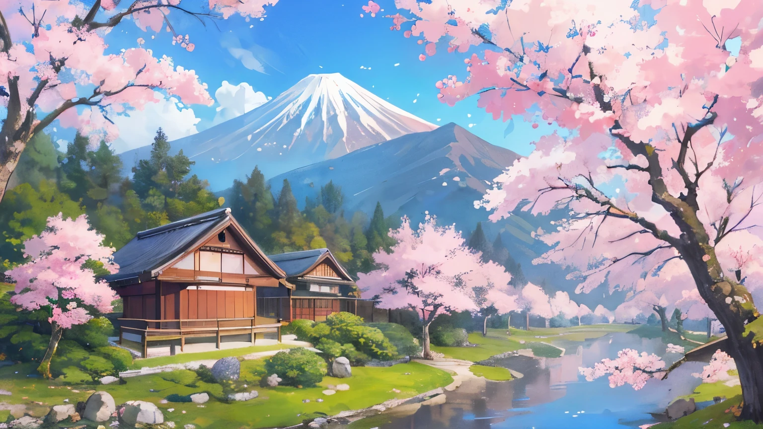 Japanese house with cherry tree on mountain background