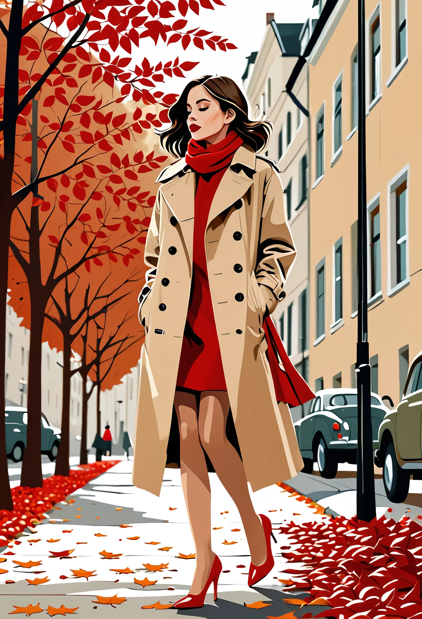 （（（Vector illustration））），Flat coating，（（Celluloid style）），（children illustration），side view，fallen leaves，girl，Beige trench coat，red scarf，High heel，Apartment background，（（minimalist art）），8K，masterpiece，Rich details