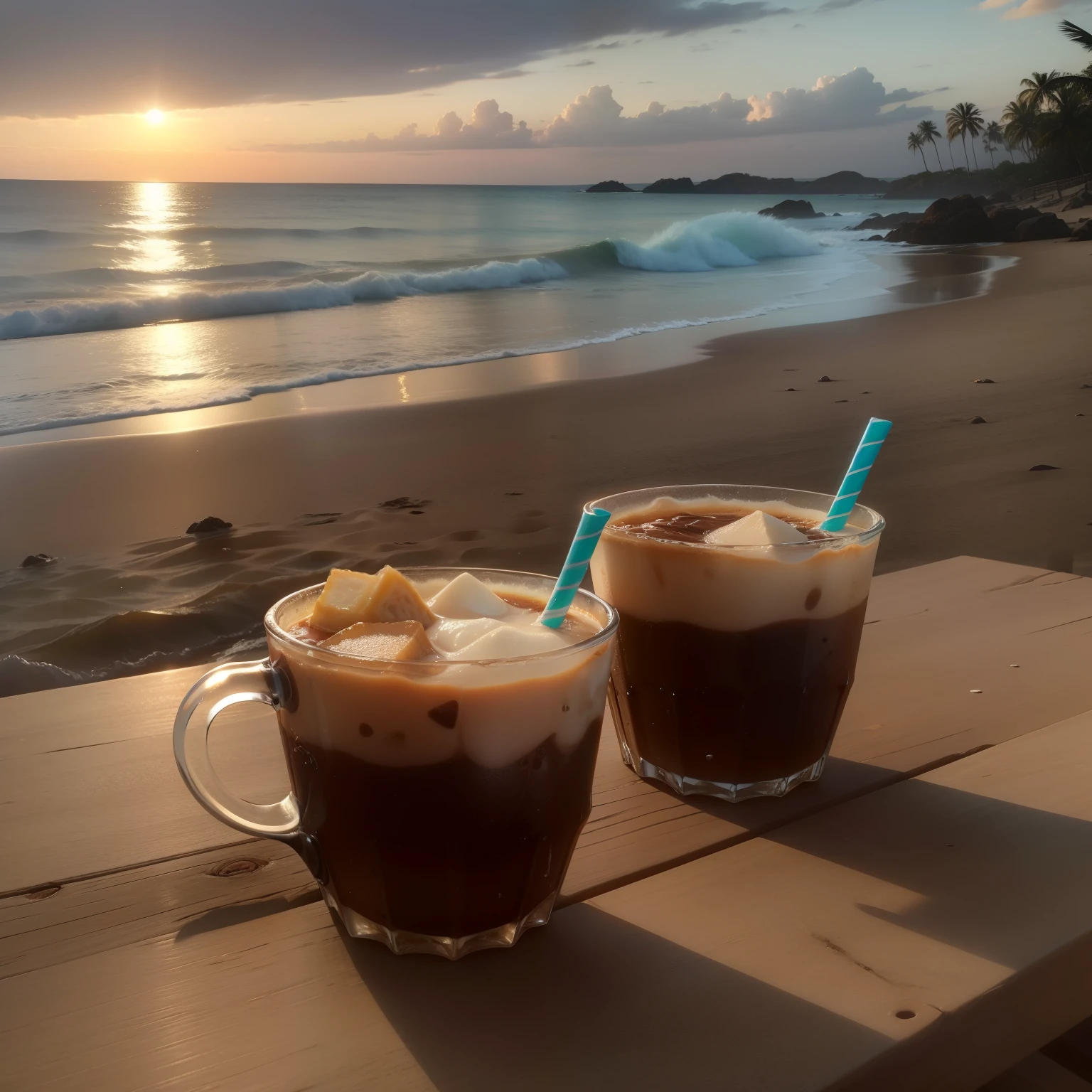 two glasses of iced coffee sit on a wooden table en la playa, cafe frio ), Iced coffee, beber, Ron, postprocesado, arena falls, iced latte, with a beber, en la playa, entorno de playa, en la playa, Chiringuito, posprocesado, posprocesado, cold bebers, beber more coffee, bebers, during the naight