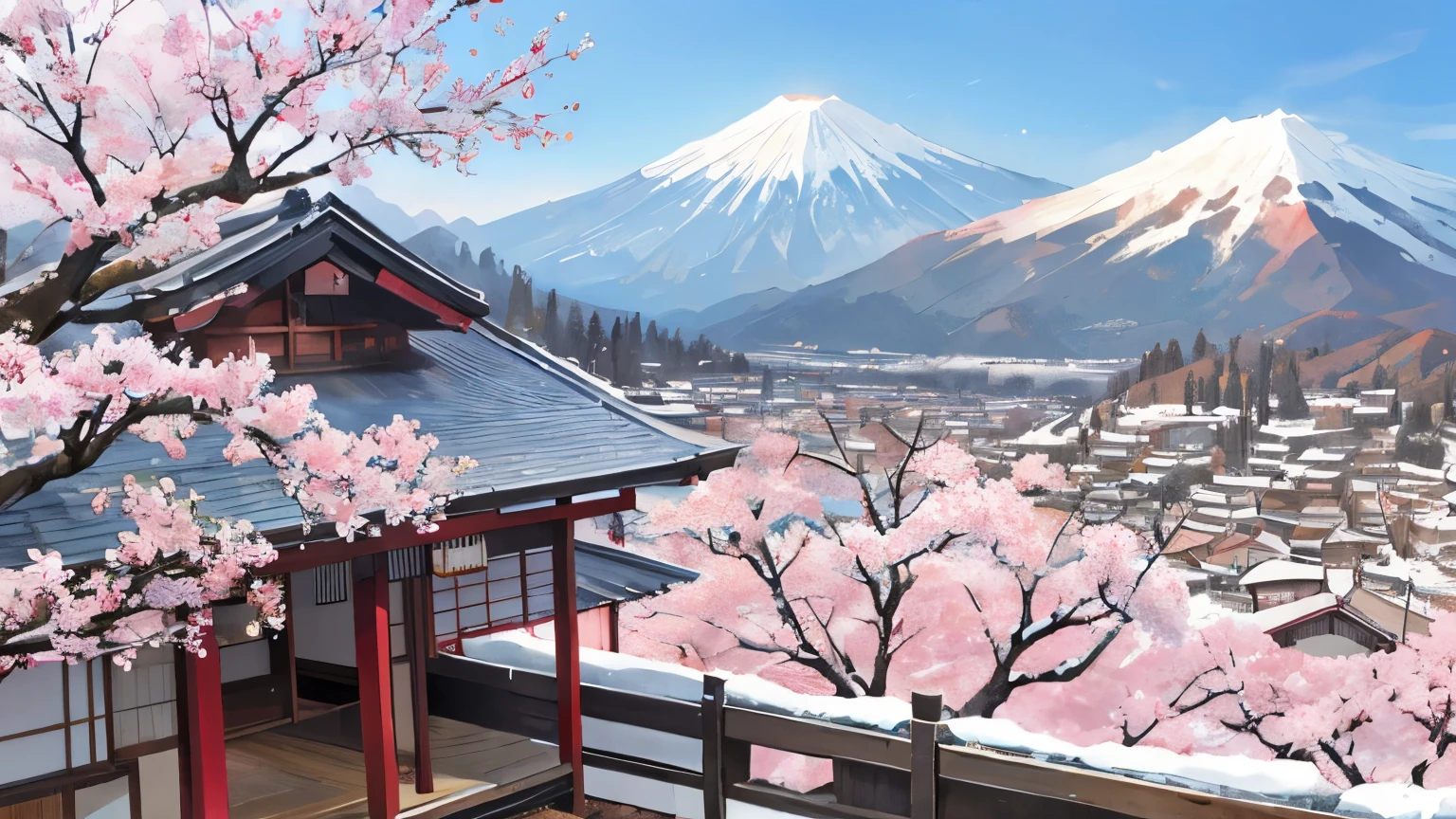 Japanese house with cherry tree on mountain background