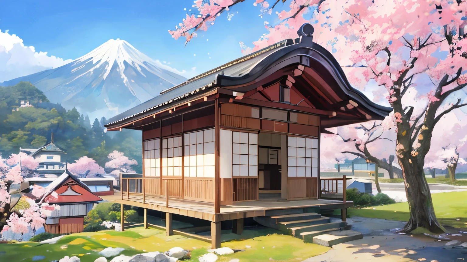 Japanese house with cherry tree on mountain background