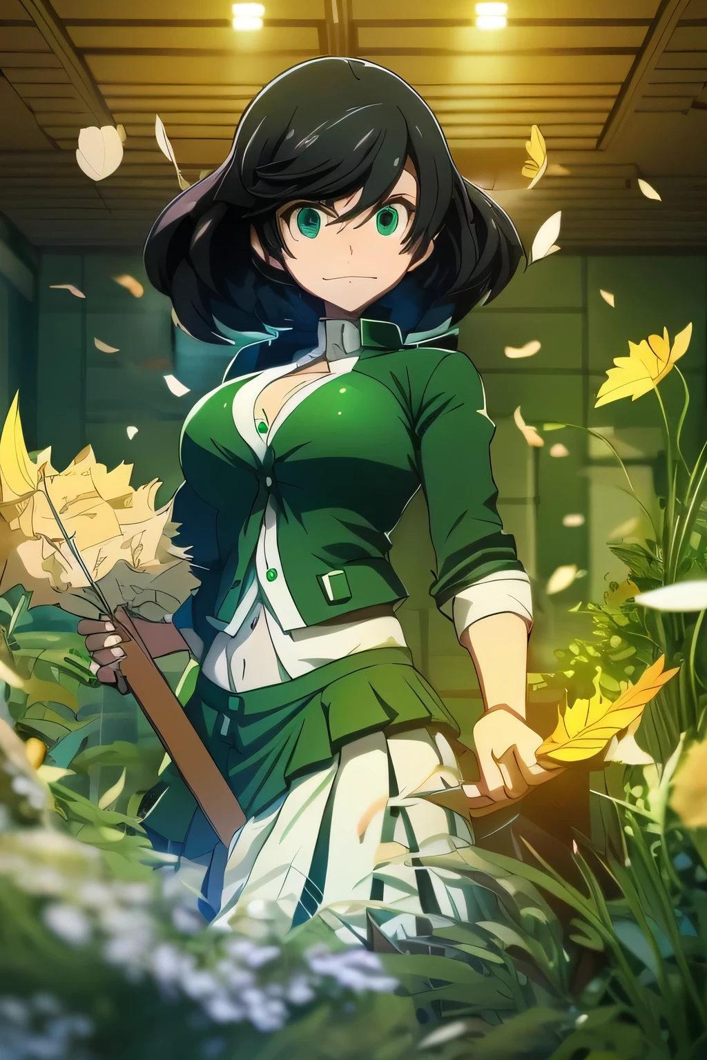 A woman with a big chest, green eyes and long dark black hair is wearing a green vest with buttons, no white shirt and shows a navel, she is wearing a longer, light green skirt, she is carrying a hand blowing leaves. 