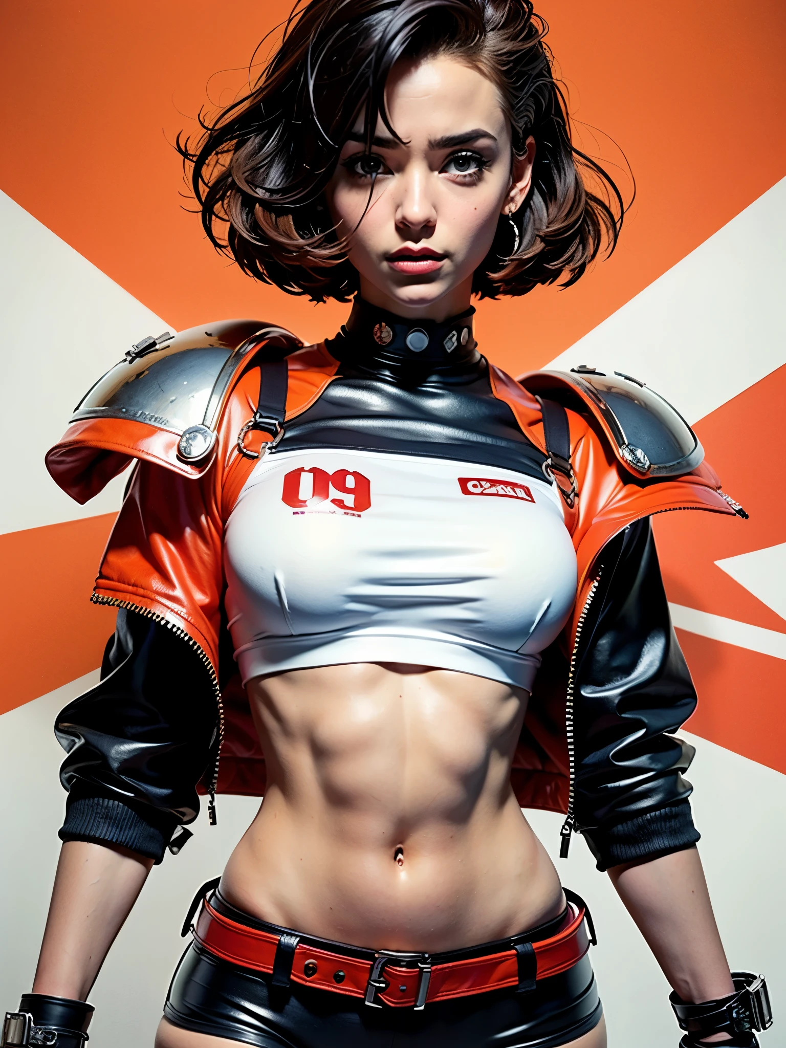 (((mulher))), (((melhor qualidade))), (((obra prima))), (((adulto))), (((1girl))), ((( corte de cabelo bob ))), Uma gladiadora cyberpunk mulher de 25 anos com corpo perfeito, shoulder pads with metal spines, Gladiadores do Brooklyn, (( corte de cabelo bob )), tiny leather panties, camiseta de time de rugby rasgada, quase nua no estilo selvagem urbano de Simon Bisley para a capa da revista Heavy Metal, Cabelo loiro curto, Minimum clothing, Metal protection on the left arm with intricate graphics, Dark red with white stars and white and navy blue checkerboard pattern, armadura, cheio de pontas e rebites, (((do joelho pra cima))), cabelos loiro branco curto, no fundo uma parede pintada por Shepard Fairey com um design intrincado