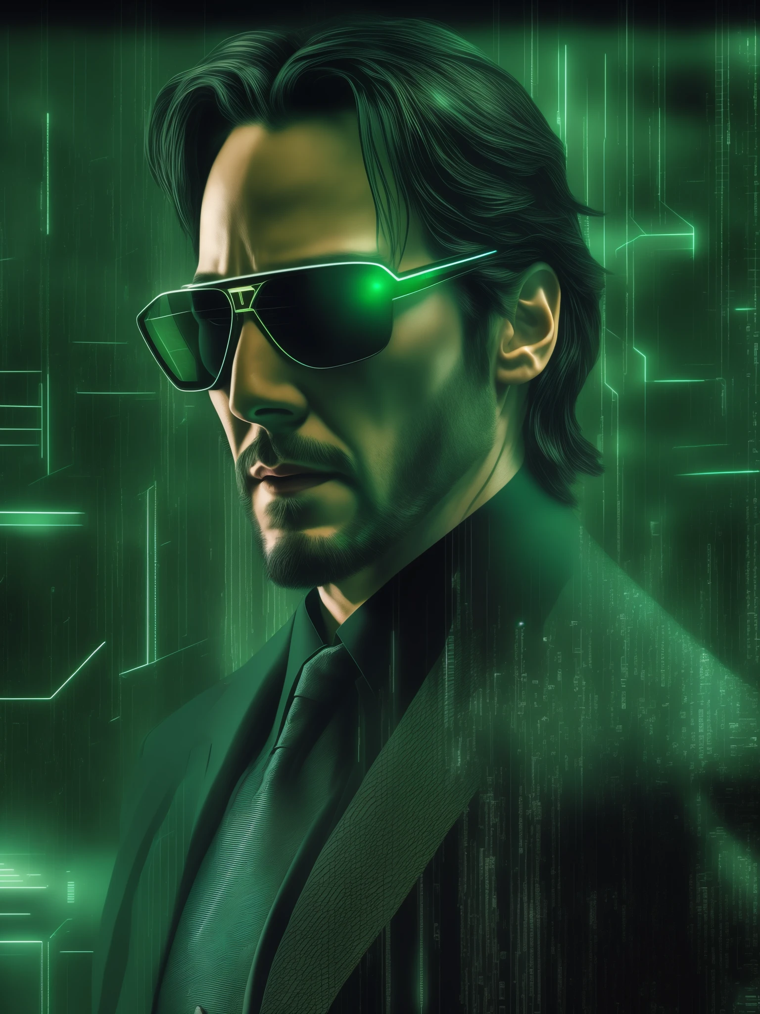 (Photorealistic, best quality, high-resolution, ultra-detailed) Neo, portrayed by Keanu Reeves in the neo-Matrix, stands boldly against a green line background, bathed in immersive lighting that shines upon his elegant black suit. The intricately detailed virtual reality surrounds him, illustrated with sharp focus and a futuristic, dark atmosphere. A green tinted color permeates the scene, emphasizing the dystopian world and the glowing code that envelops his body. Neo's sunglasses reflect the digital rain and the complex technological advancements of the Matrix. His concentration is evident through his confident expression and mysterious a