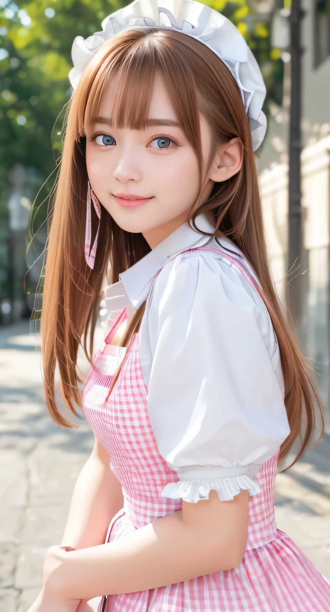Angelic very beautiful cute young girl,
Beautiful detailed eyes,
Detailed double eyelids,
(Soft Saturation: 1.3),
(Fair skin: 1.3),v-line jaw,
(Large eyes:1.4),
Long straight brown hair,
see-through bangs,(17 yo:1.3),
Sharp Focus,
beautiful detailed face and eyes,
drooping eyes,
small straight nose,
small mouth,
happy smiling with visible teeth, 85mm lens, F/8.0,BREAK (Super shiny white and metallic pink gingham maid costume :1.3),Walking,Brown hair ,(Costumes with strong reflective surfaces:1.4),
(Best Quality:1.2),(ginghham Maid costume:1.5),
Raw photo,
High resolution,
perfect detail,
Professional Photography,
Professional Lighting,
Powerful lighting of the costume,In the street