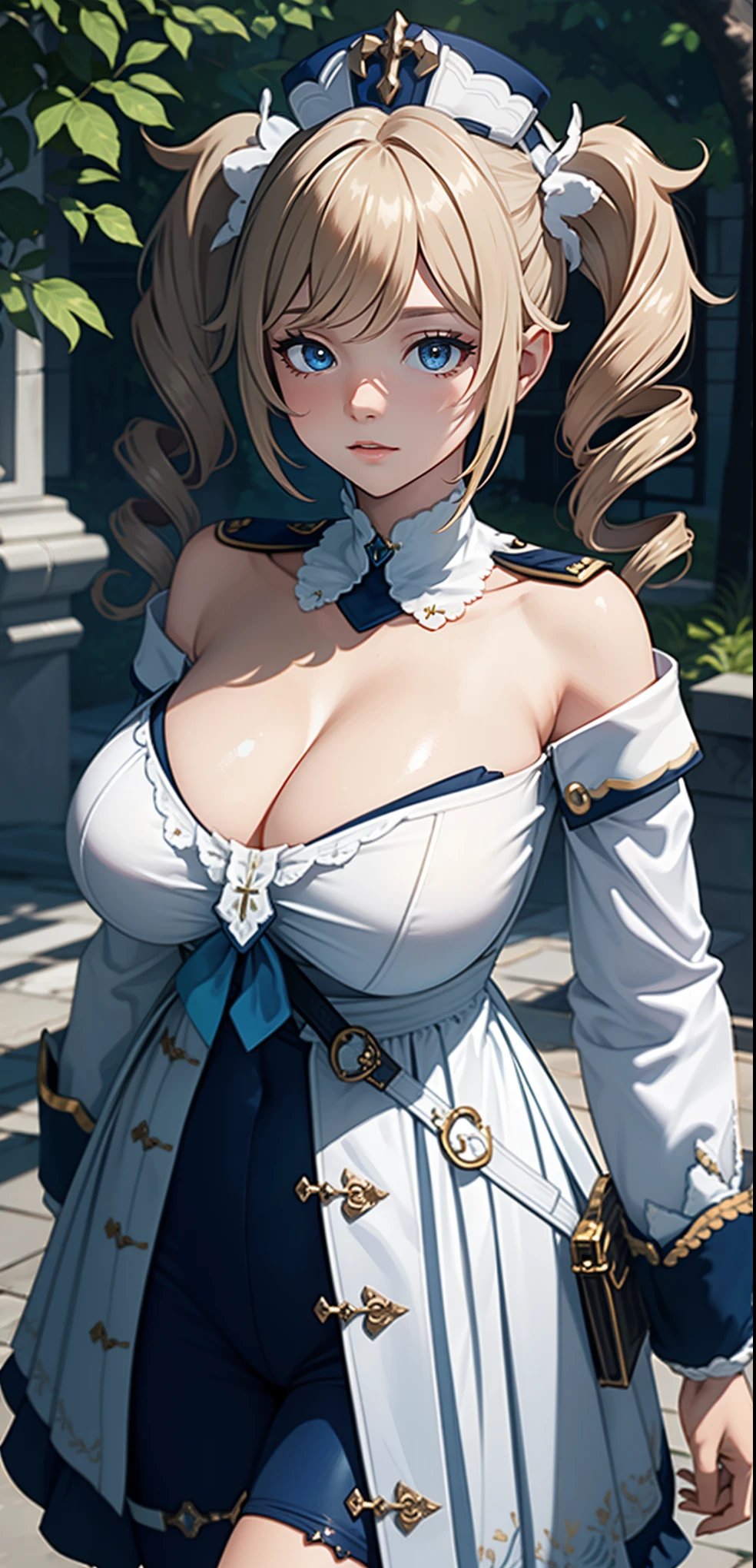 Masterpiece, high quality, 8k, ultra detailed, detailed face, (huge breast), standing, blush, bright eye, outdoors, (detail face), barbaradef, stand up straight,