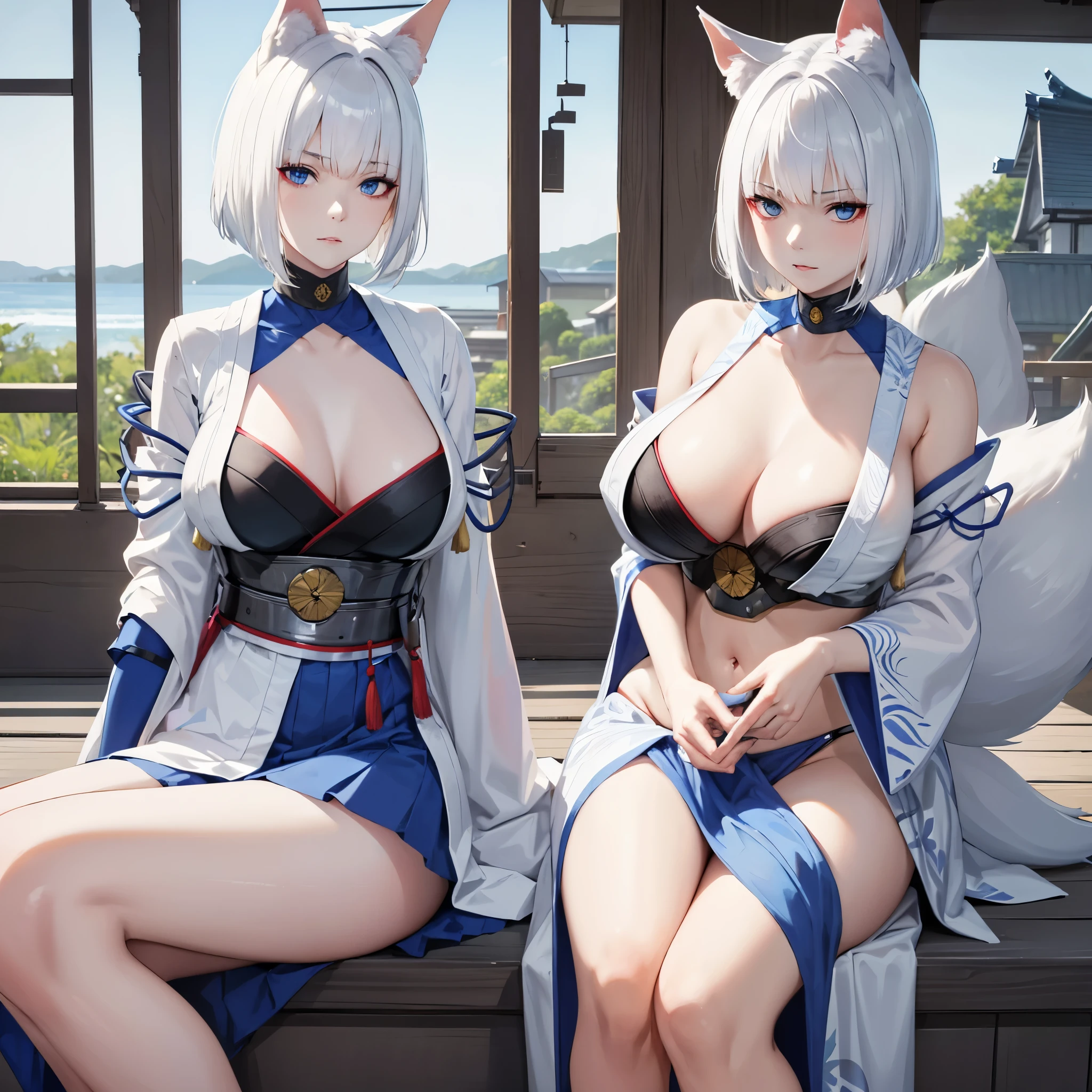 a woman with short white hair,solo, blue eyes, serious face, large breasts, white kimono with blue details, kitsune ear, kitsune tail, multi-tail outside a traditional Japanese house, near the sea, sea view, with bottom vessels, ultra resolution, masterpiece, very detailed, high quality. 4k hd
