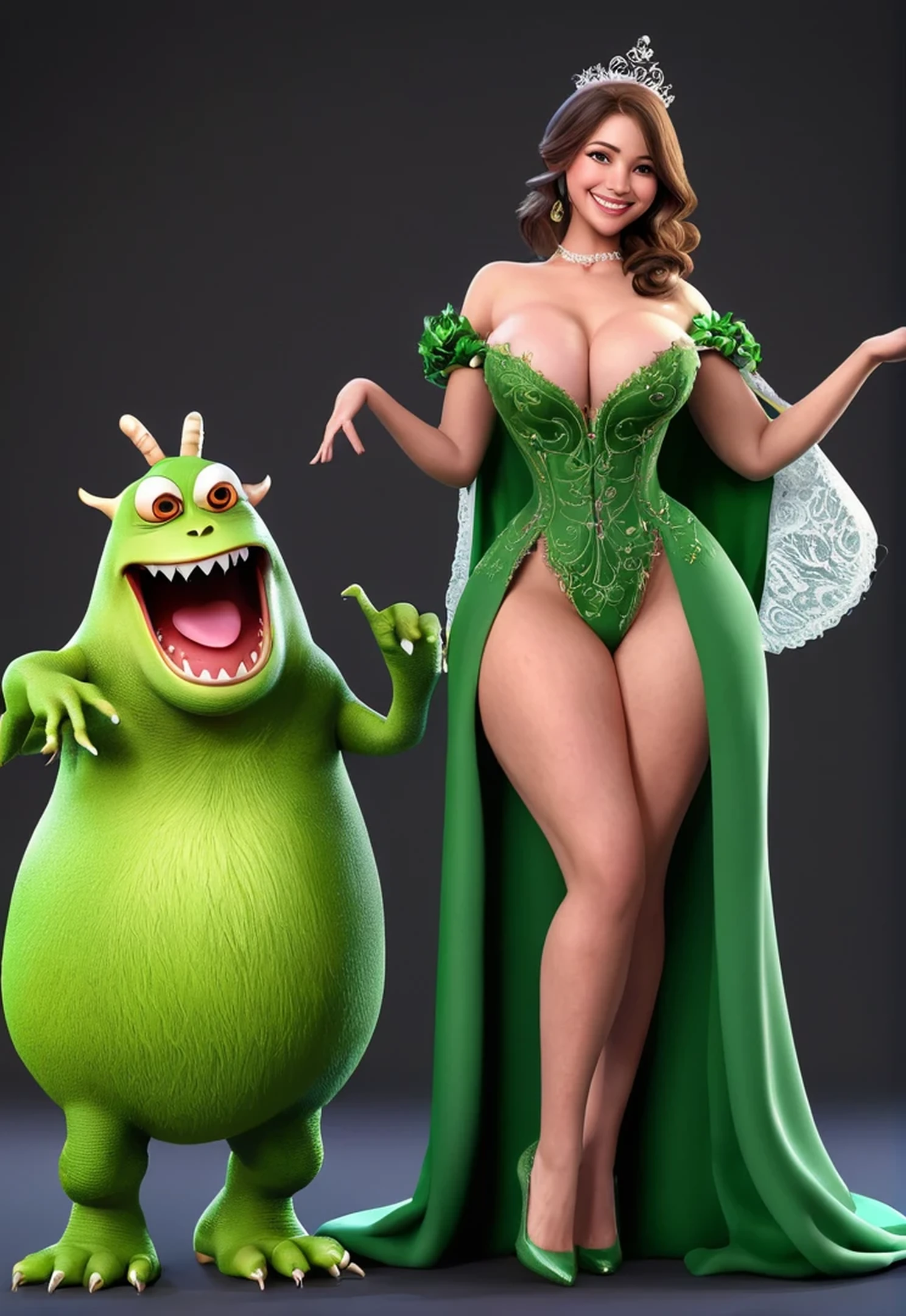 Fairytale 3D and animation 3D big breast cover with gown big hip cover with dress, Beside her the realism green male monster standing a big smile from behind her ,position heroine pose, the juggle background photoshoot selfie together.