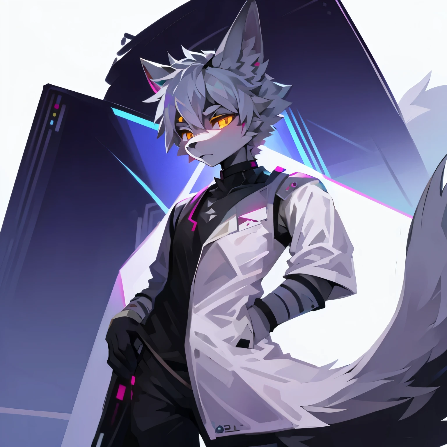 cyber punk perssonage,epcot,Tech style,solo person,White body,White ears,White hair,Overall white,Orange-yellow eyes,Wolf tail,Wolf orcs,Young,Wear a short-sleeved shirt,Ultra-clear screen,Soft lines