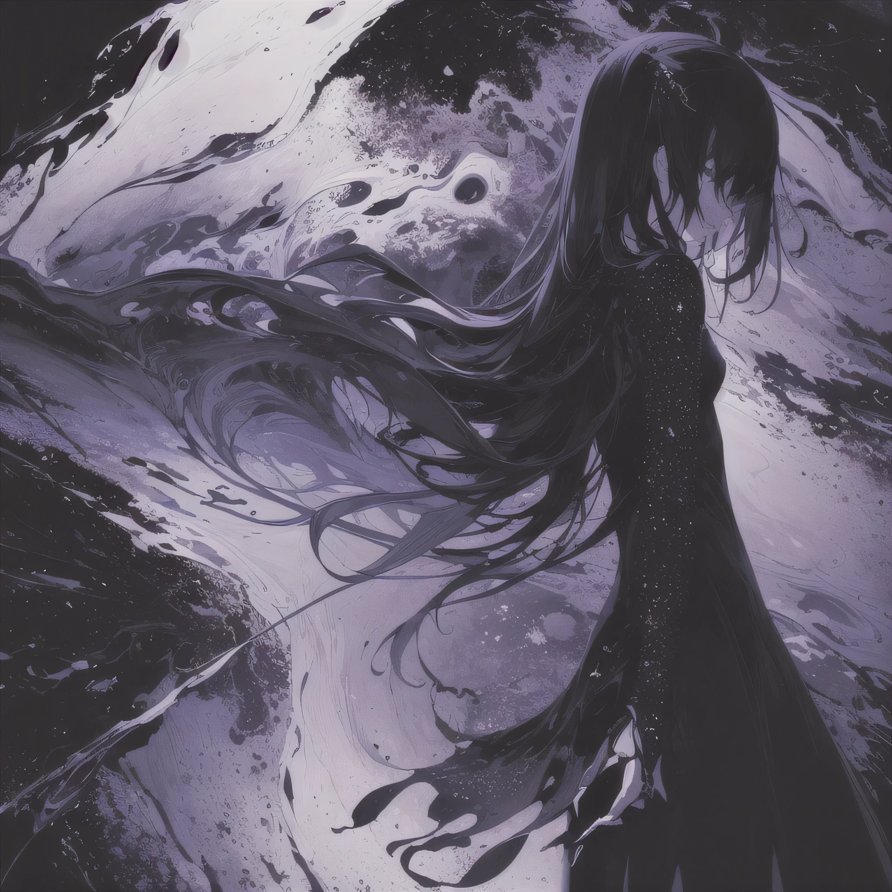 masterpiece, best quality, ultra high res, (abstract art:1.3), (dark theme:1.2), art, stylized, deep shadow, dark theme, 1girl, cosmic dress, cosmic beauty, in space, nebula, controlling the galaxy
