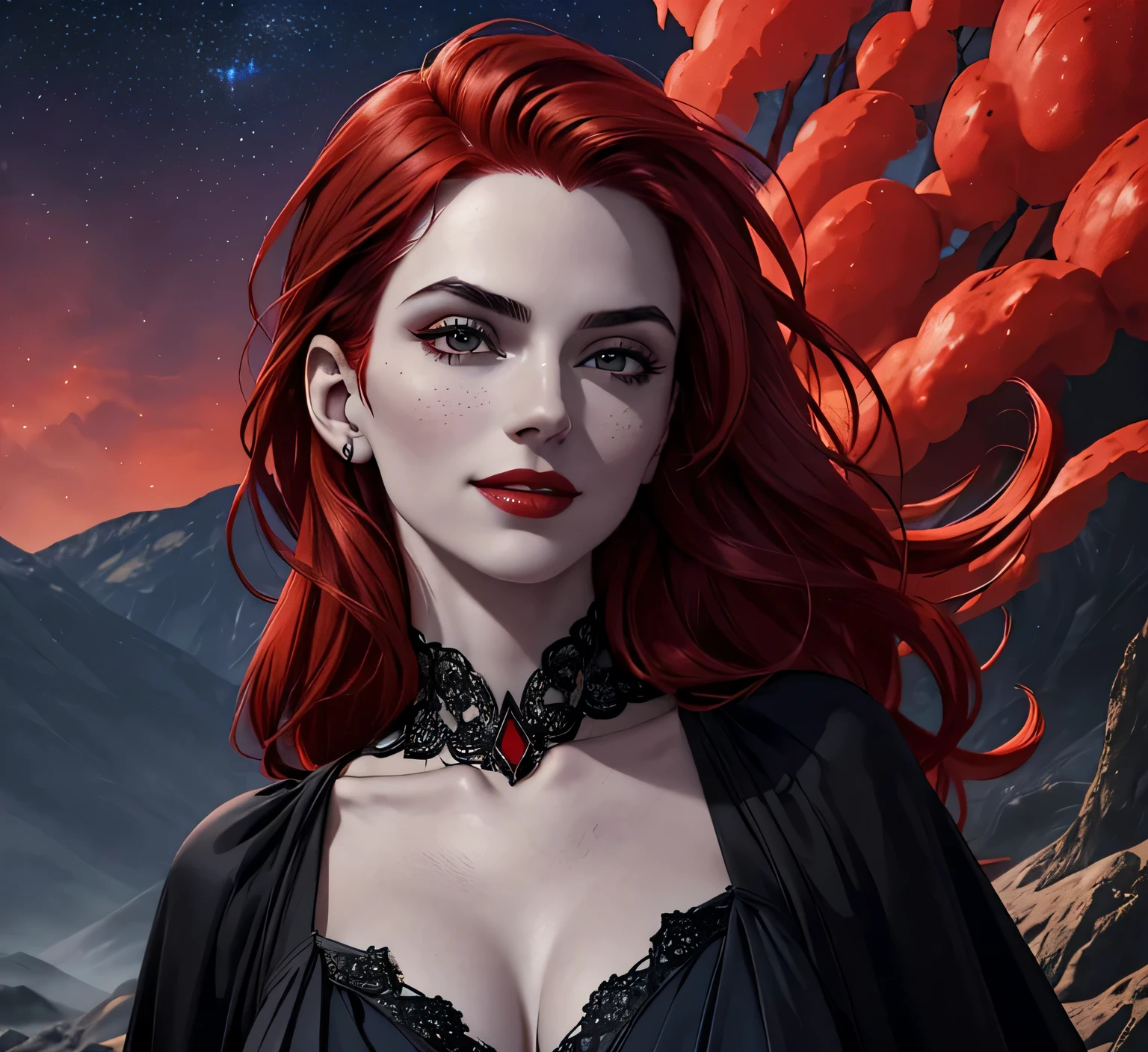 (portrait shot, ((vivid red hair)), mature woman, 30 years old, diamond face, moonlight, red starry sky background, depth of field, magic, big red lips, ((dark black eyes)) black and red long and full dress, covered chest, mystical atmosphere, ominous shadows, Intense blue aura, Intense red aura (best quality:1.2), absurdres, intricate details, (highly detailed skin:1.2), smile expression, posing, taut and well defined body, attractive. Highly realistic, pale skin, beautiful, hyperrealism, skin very elaborated, direct gaze
