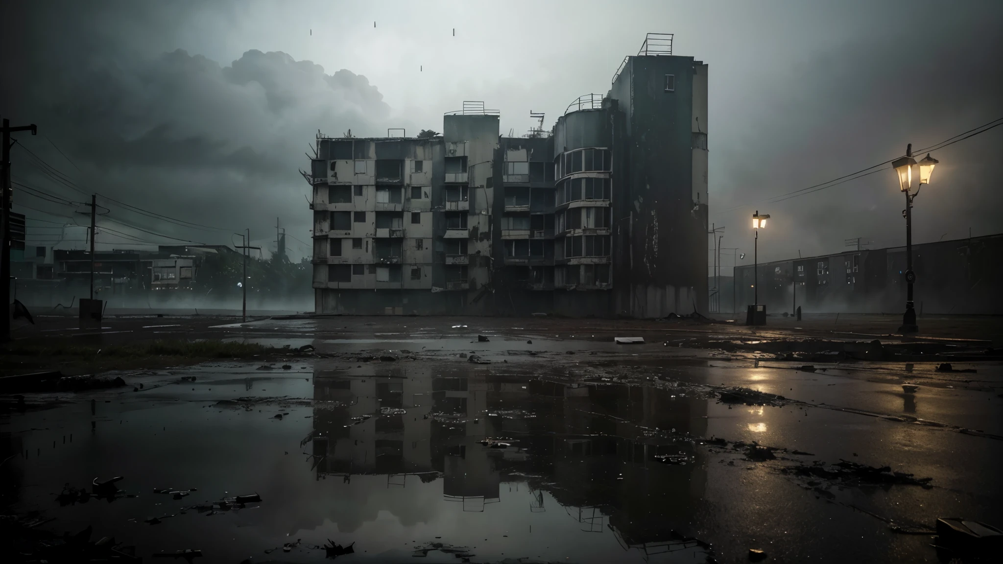 abandoned_condominium,dark_night,rainy_weather,desolate_scene,cracked_walls,dilapidated_building,dripping_water,strewn_trash,overgrown_vegetation,broken_windows,hazy_streetlights,lonely_figure,reflecting_puddles,intricate_details,moody_atmosphere,hauntingly_beautiful,dreary_visuals,drenching_rain,mysterious_ambience,dreamlike_quality,ominous_vibe,nighttime_silhouette,decay_and_rot,forlorn_serenity,whispering_wind,distant_sounds,lush_foliage,abandoned_story,cold_gusts,chilly_hues,drenched_in_sadness,uninviting_symphony,dystopian_scape,apocalyptic_state,lonesome_stroll,imposing_structure,urban_desolation,misty_gloom,lonely_walkways,ominous_presence,washed_out_colors,nighttime_nostalgia,rust_and_decay,uncharted_journey

(best quality,4k,8k,highres,masterpiece:1.2),ultra-detailed,(realistic,photorealistic,photo-realistic:1.37),apocalyptic,desaturated_tones,moody_lighting