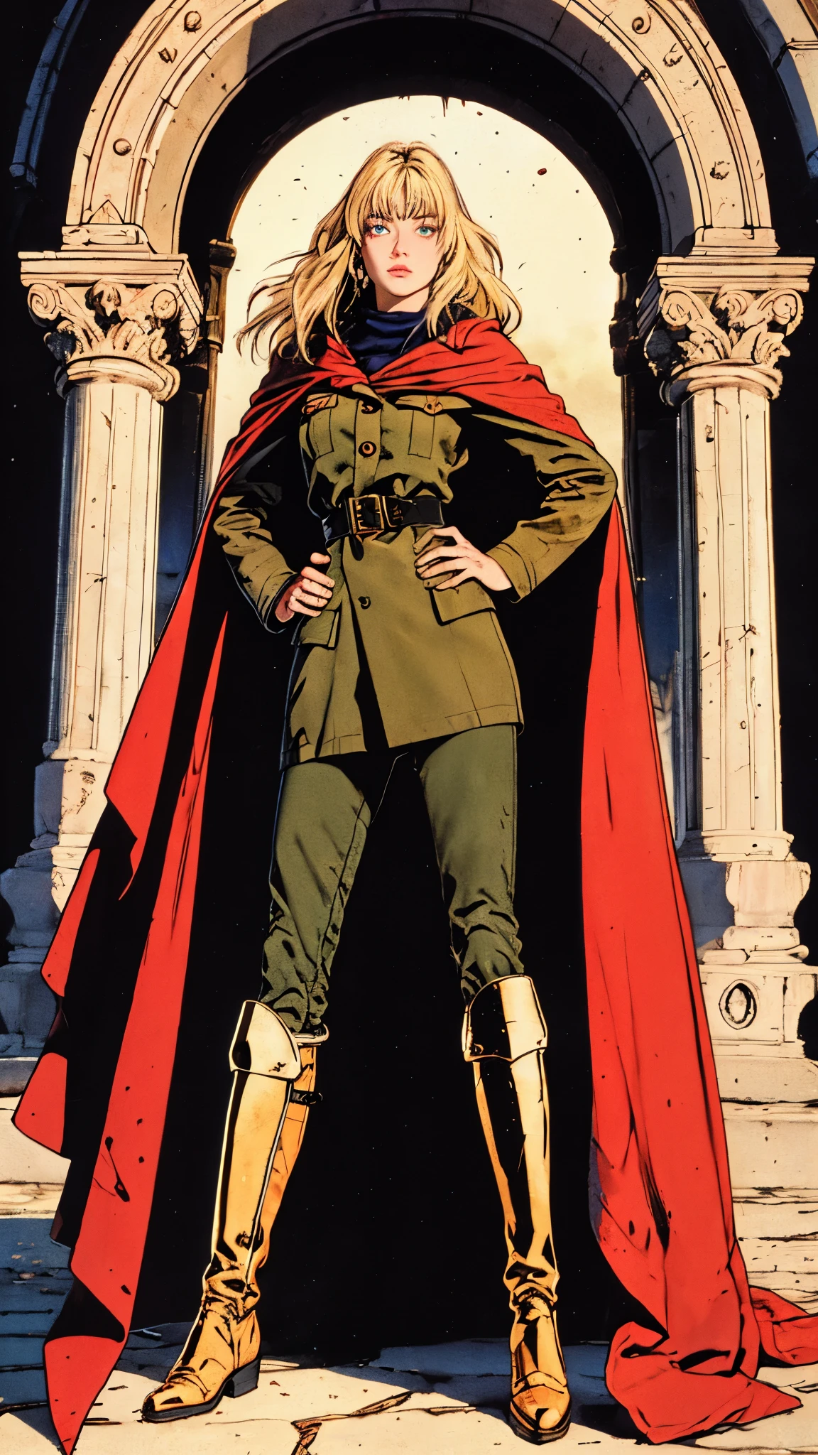 A woman with long platinum blonde hair, choppy bangs, arched crescent eyebrows, sharp and determined eyes, a delicate oval face, a serious expression, a fantasy-style dark green military coat, draped with a dark red cloak, military trousers, leather combat boots, silver greaves leggings, one hand on her hip, standing in a spacious training ground, this character embodies a finely crafted fantasy-style female military officer in anime style, exquisite and mature manga art style, pale skin, high definition, best quality, highres, ultra-detailed, ultra-fine painting, extremely delicate, professional, perfect body proportions, golden ratio, anatomically correct, symmetrical face, extremely detailed eyes and face, high quality eyes, creativity, RAW photo, UHD, 32k, Natural light, cinematic lighting, masterpiece-anatomy-perfect, masterpiece:1.5