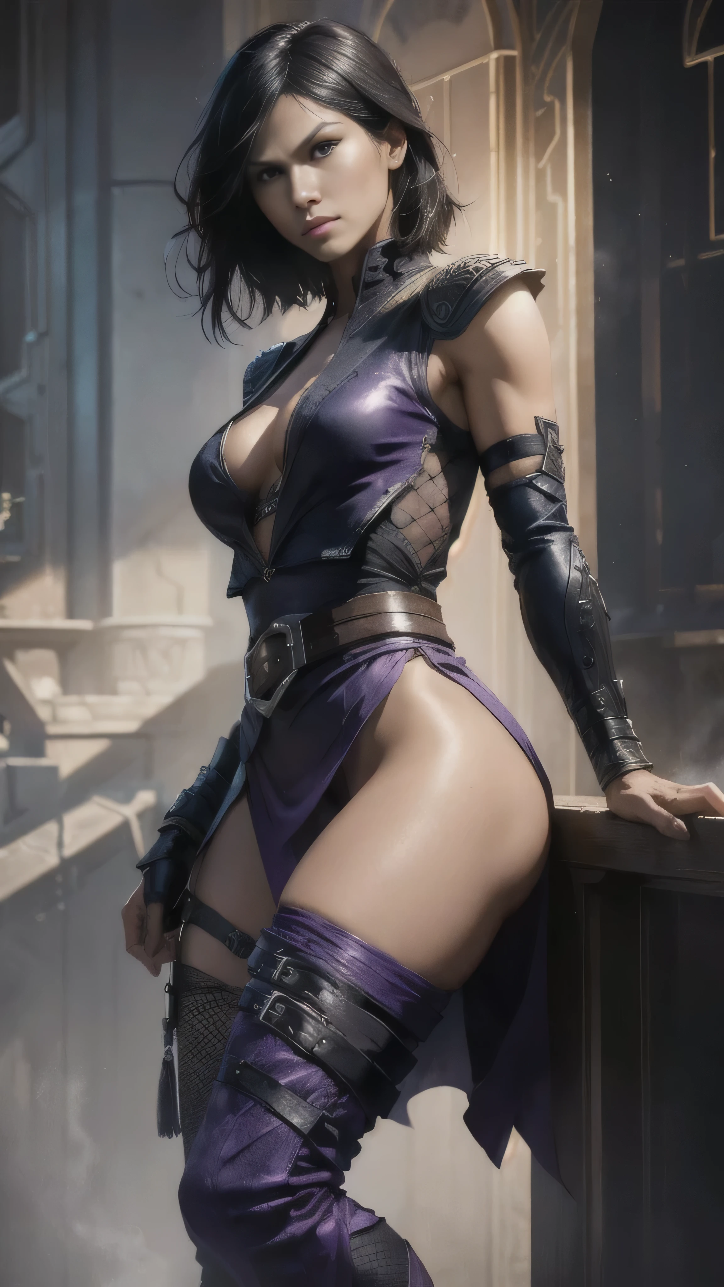 ((Elodie Yung)) as Tasia from Mortal Kombat, holding two blades, very short black hair, form-fitting dark-purple top with black fishnet, purple pants, black gauntlets, boots on high heels, straps, buckles, make-up, seductive, sexy, hot, sultry, shapely, 1woman, solo, full body view, intricate, high detail, sharp focus, dramatic, photorealistic painting art by greg rutkowski