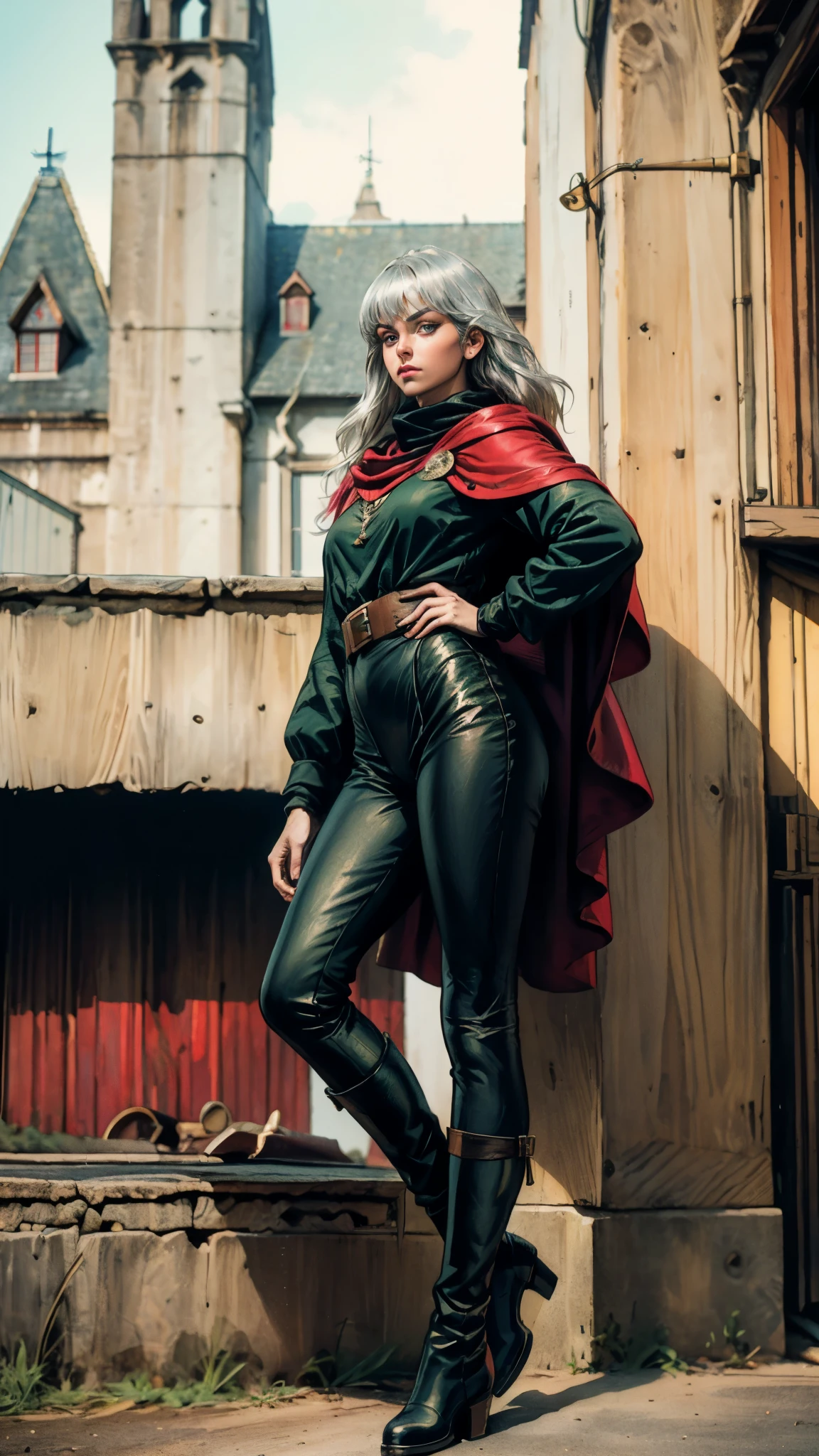 A woman with long platinum blonde hair, choppy bangs, arched crescent eyebrows, sharp and determined eyes, a delicate oval face, a serious expression, a fantasy-style dark green military coat, draped with a dark red cloak, military trousers, leather combat boots, silver greaves leggings, one hand on her hip, standing in a spacious training ground, this character embodies a finely crafted fantasy-style female military officer in anime style, exquisite and mature manga art style, pale skin, high definition, best quality, highres, ultra-detailed, ultra-fine painting, extremely delicate, professional, perfect body proportions, golden ratio, anatomically correct, symmetrical face, extremely detailed eyes and face, high quality eyes, creativity, RAW photo, UHD, 32k, Natural light, cinematic lighting, masterpiece-anatomy-perfect, masterpiece:1.5