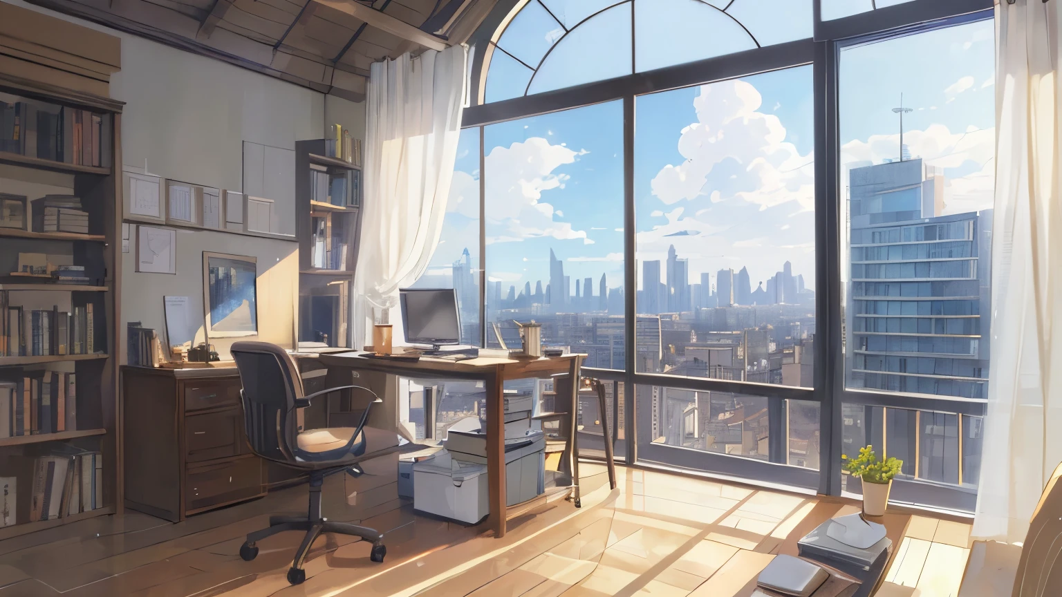 (masterpiece:1.2), highest quality,pixiv,cozy animation scene,
scenery, cityscape, city, nullscraper, building, window, cloud, null, food, indoors, computer, Book, bed, table, clock, pillow, there are no humans, Chair, cake, monitor, cup, dish, nullline, Liar