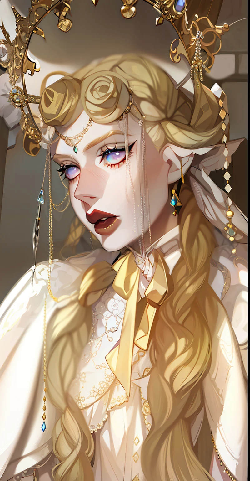 a close up of a female Giorno Giovanna from JoJos Bizzare Adventure with a crown on her head, porcelain pale skin, pale porcelain white skin, pale young ghost girl, pale goth beauty, extremely pale white skin, ethereal white dripping tar, ball jointed doll, fairycore, albino white pale skin, extremely pale blond hair, pale white face, porcelain white skin, pale glowing skin, belle delphine