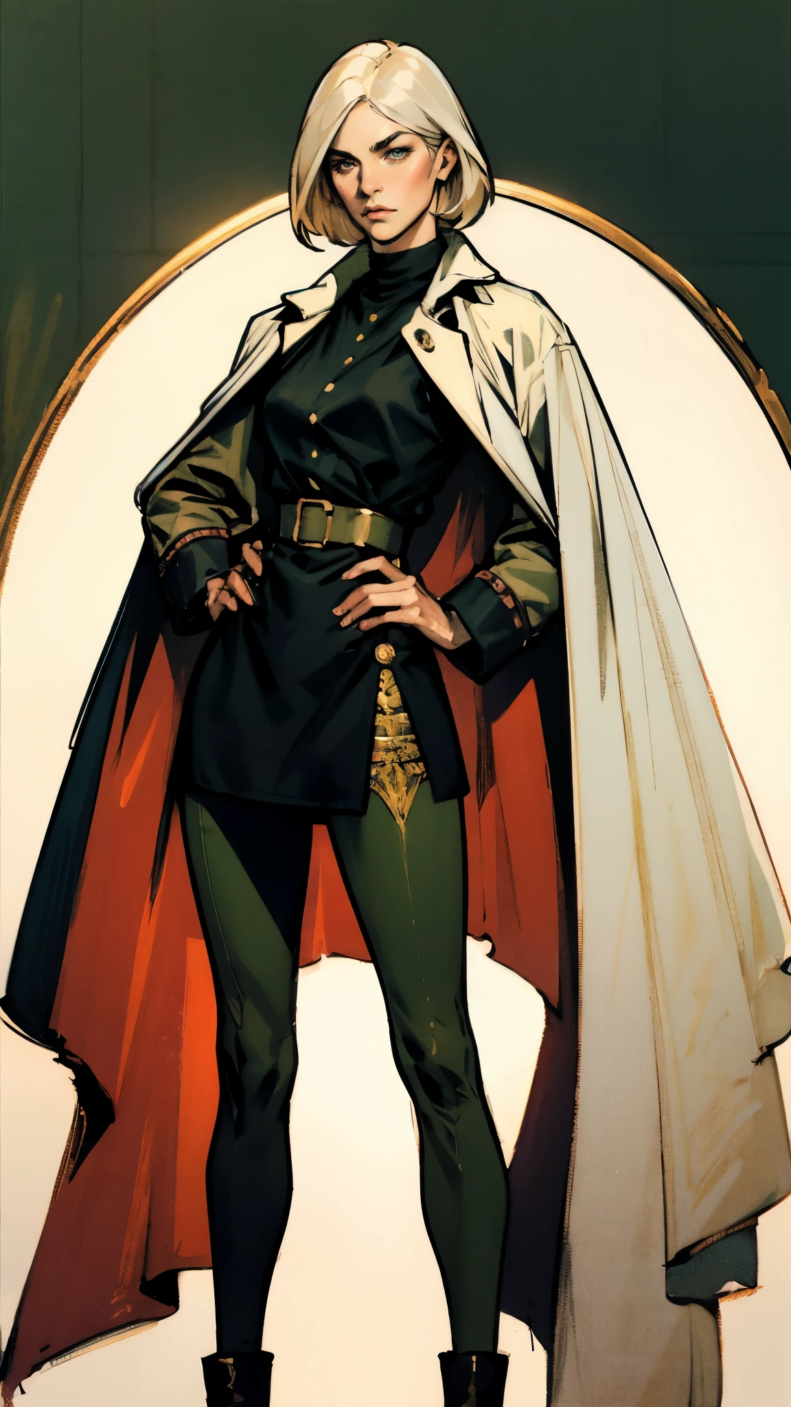 A woman with long platinum blonde hair, choppy bangs, arched crescent eyebrows, sharp and determined eyes, a delicate oval face, a serious expression, a fantasy-style dark green military coat, draped with a dark red waist-length cloak, military trousers, leather combat boots, silver greaves leggings, one hand on her hip, standing in a spacious training ground, this character embodies a finely crafted fantasy-style female military officer in anime style, exquisite and mature manga art style, pale skin, high definition, best quality, highres, ultra-detailed, ultra-fine painting, extremely delicate, professional, perfect body proportions, golden ratio, anatomically correct, symmetrical face, extremely detailed eyes and face, high quality eyes, creativity, RAW photo, UHD, 32k, Natural light, cinematic lighting, masterpiece-anatomy-perfect, masterpiece:1.5