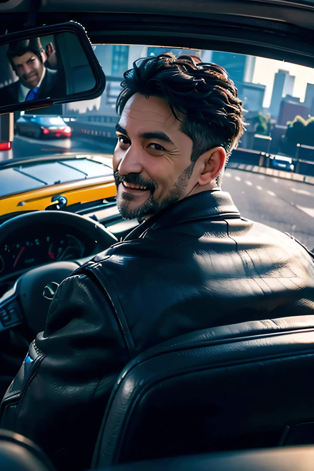 (RAW photo:1.2), (Photorealistic:1.2), best quality, masterpiece, high details, a high resolution, back view, view from back seat, taxi interior, (middle-age man driver:1.1), (looking back to camera:1.8), smile, vibrant color palette, realistic textures, immersive experience, visually stunning