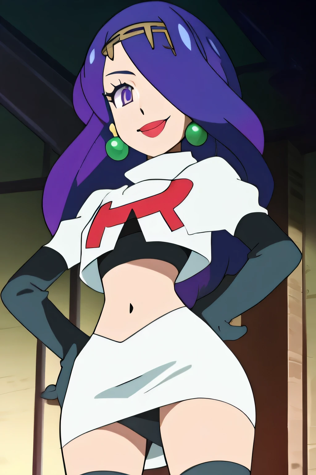 8k, masterpiece,highres, team rocket uniform, red letter r, white skirt,white crop top,black thigh-high boots, black elbow gloves, smiling, looking down at viewer, hands on hips, cowboy shot, zettai ryouiki,from below, black panties,anime style, vivid colors, sharp focus, intense lighting,defCamilla, tiara, ,earrings ,lipstick, eye shadow, heavy makeup 