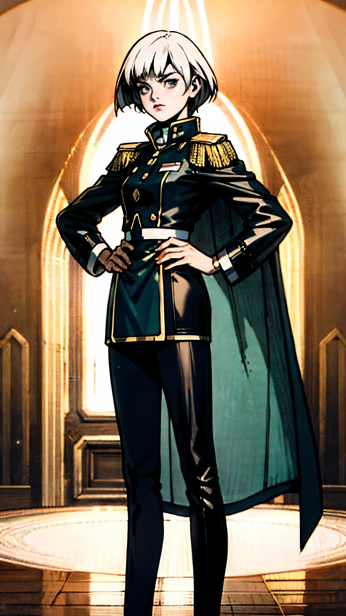 A woman with long platinum blonde hair, choppy bangs, arched crescent eyebrows, sharp and determined eyes, a delicate oval face, a serious expression, a fantasy-style dark green military coat, draped with a dark red waist-length cloak, military trousers, leather combat boots, silver greaves leggings, one hand on her hip, standing in a spacious training ground, this character embodies a finely crafted fantasy-style female military officer in anime style, exquisite and mature manga art style, pale skin, high definition, best quality, highres, ultra-detailed, ultra-fine painting, extremely delicate, professional, perfect body proportions, golden ratio, anatomically correct, symmetrical face, extremely detailed eyes and face, high quality eyes, creativity, RAW photo, UHD, 32k, Natural light, cinematic lighting, masterpiece-anatomy-perfect, masterpiece:1.5