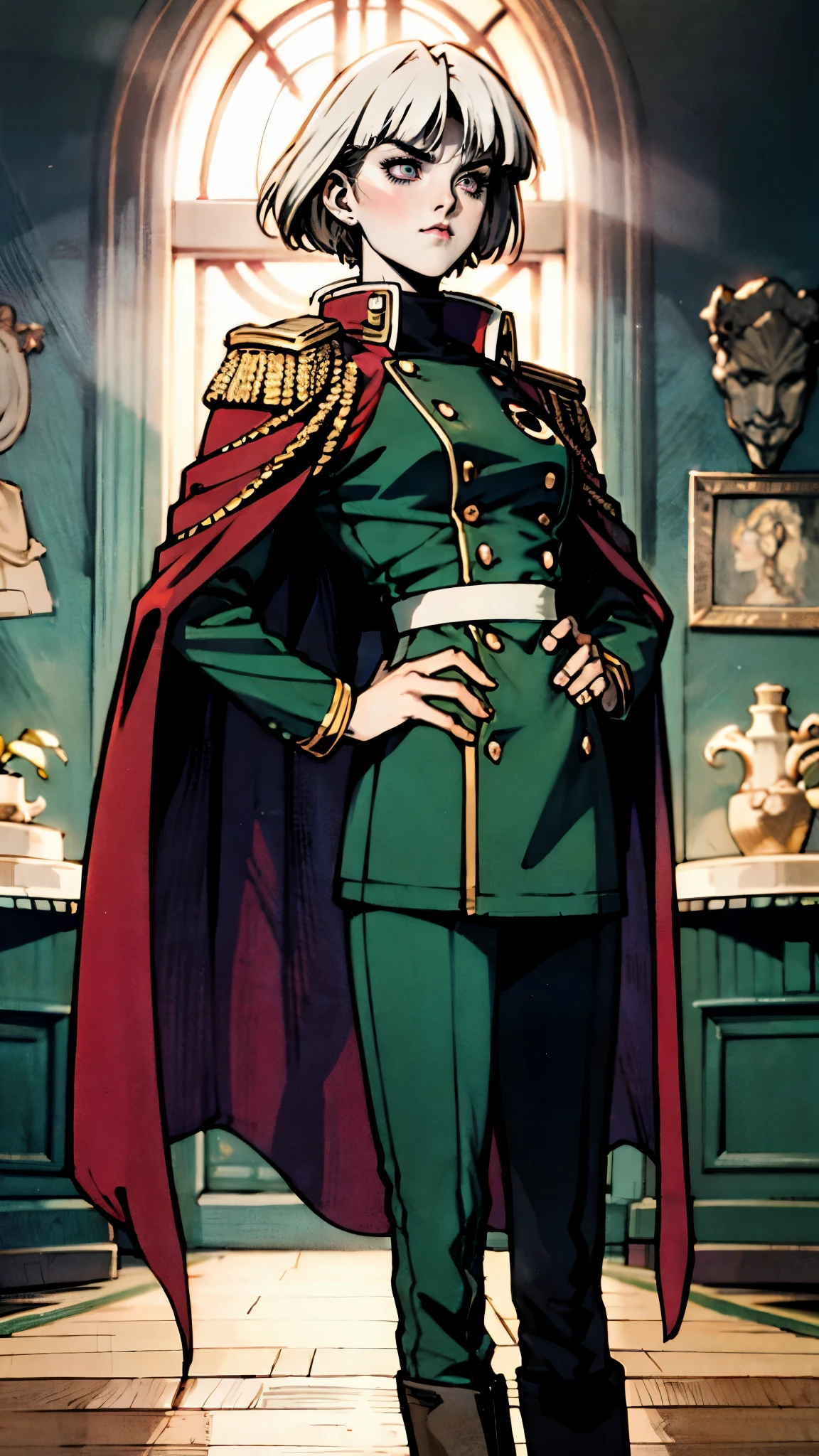 A woman with long platinum blonde hair, choppy bangs, arched crescent eyebrows, sharp and determined eyes, a delicate oval face, a serious expression, a fantasy-style dark green military coat, draped with a dark red waist-length cloak, military trousers, leather combat boots, silver greaves leggings, one hand on her hip, standing in a spacious training ground, this character embodies a finely crafted fantasy-style female military officer in anime style, exquisite and mature manga art style, pale skin, high definition, best quality, highres, ultra-detailed, ultra-fine painting, extremely delicate, professional, perfect body proportions, golden ratio, anatomically correct, symmetrical face, extremely detailed eyes and face, high quality eyes, creativity, RAW photo, UHD, 32k, Natural light, cinematic lighting, masterpiece-anatomy-perfect, masterpiece:1.5